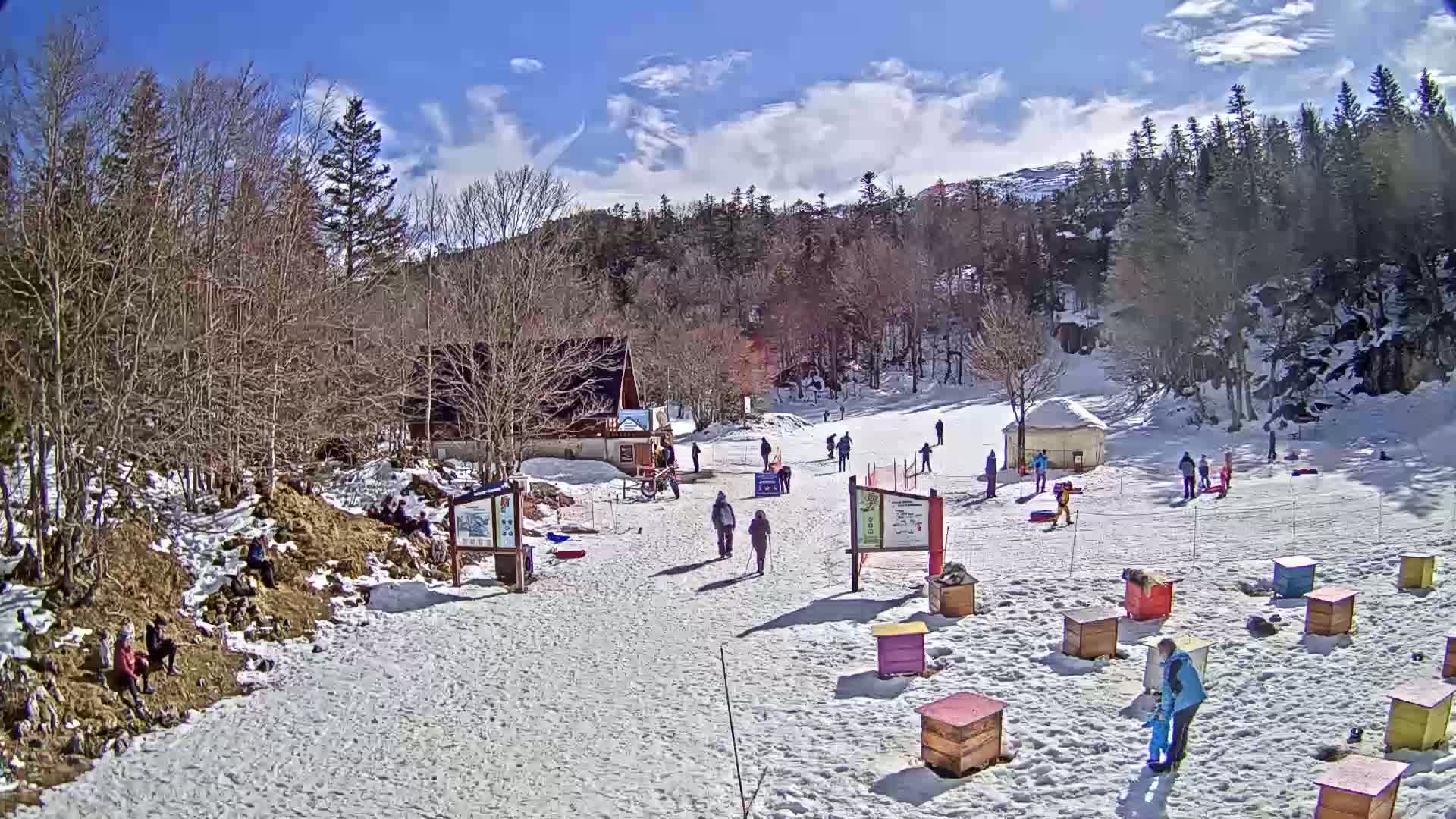 A snowy ski slope with several people scattered across it, a small building, and numerous colorful beehives sits under a mostly sunny sky.