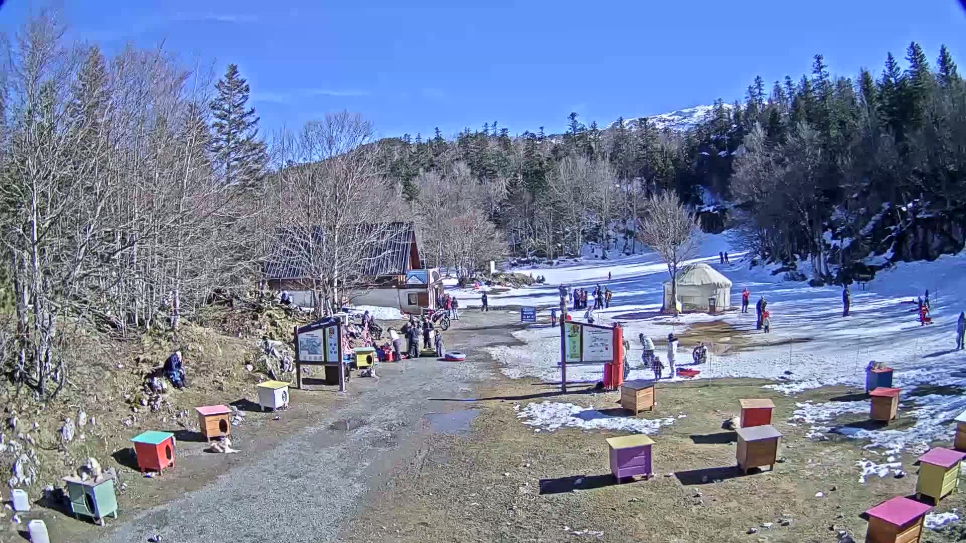 A sunny winter day at a snowy recreation area shows people enjoying activities near a small building and yurt, with numerous colorful dog houses scattered around the grounds.