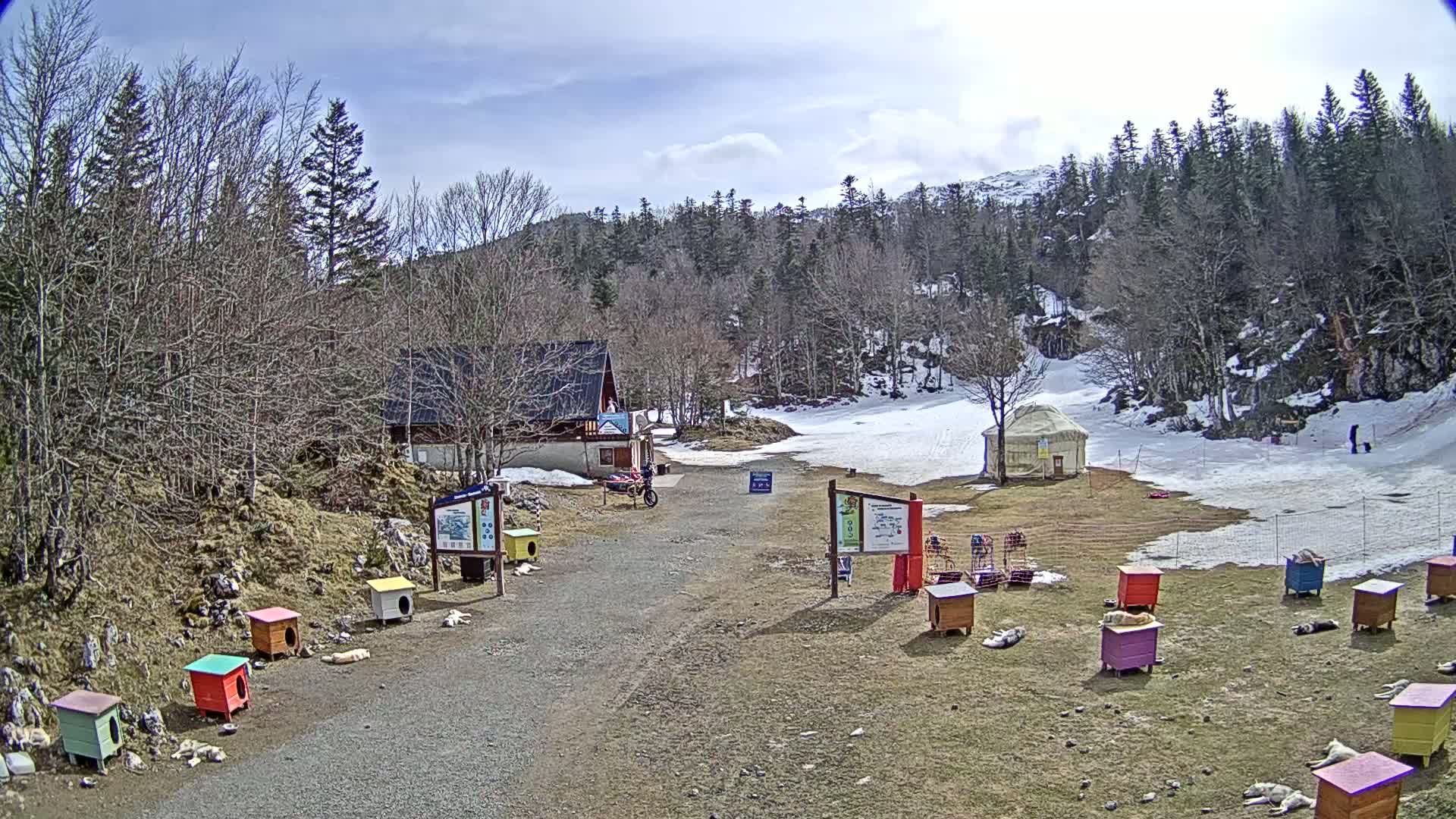 A gravel path leads to a small building and a yurt in a snowy mountainous area under a partly cloudy sky, with numerous colorful dog houses and dogs resting near them.