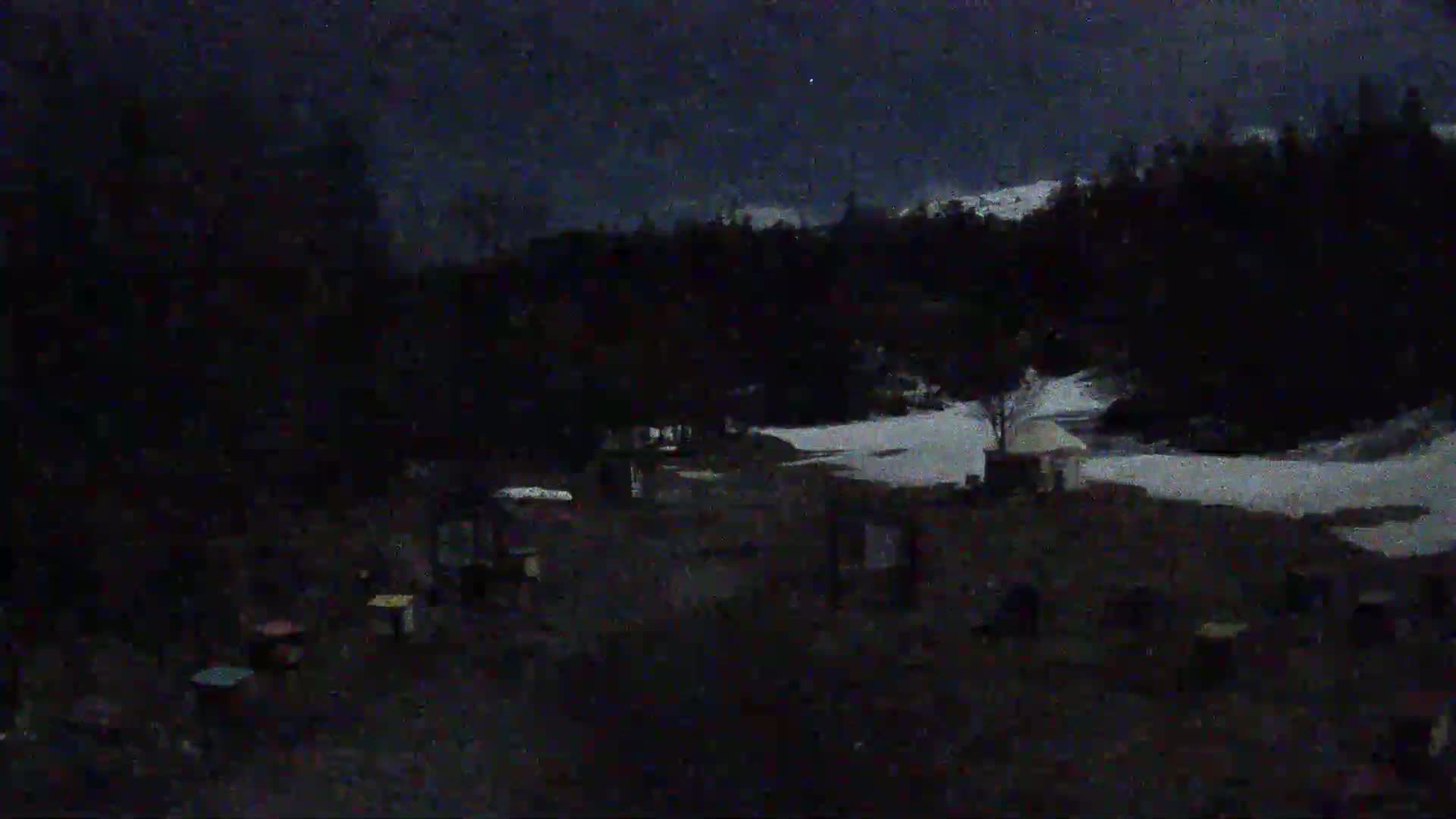 A nighttime view of a snow-covered area with dark trees in the background under a dark sky.