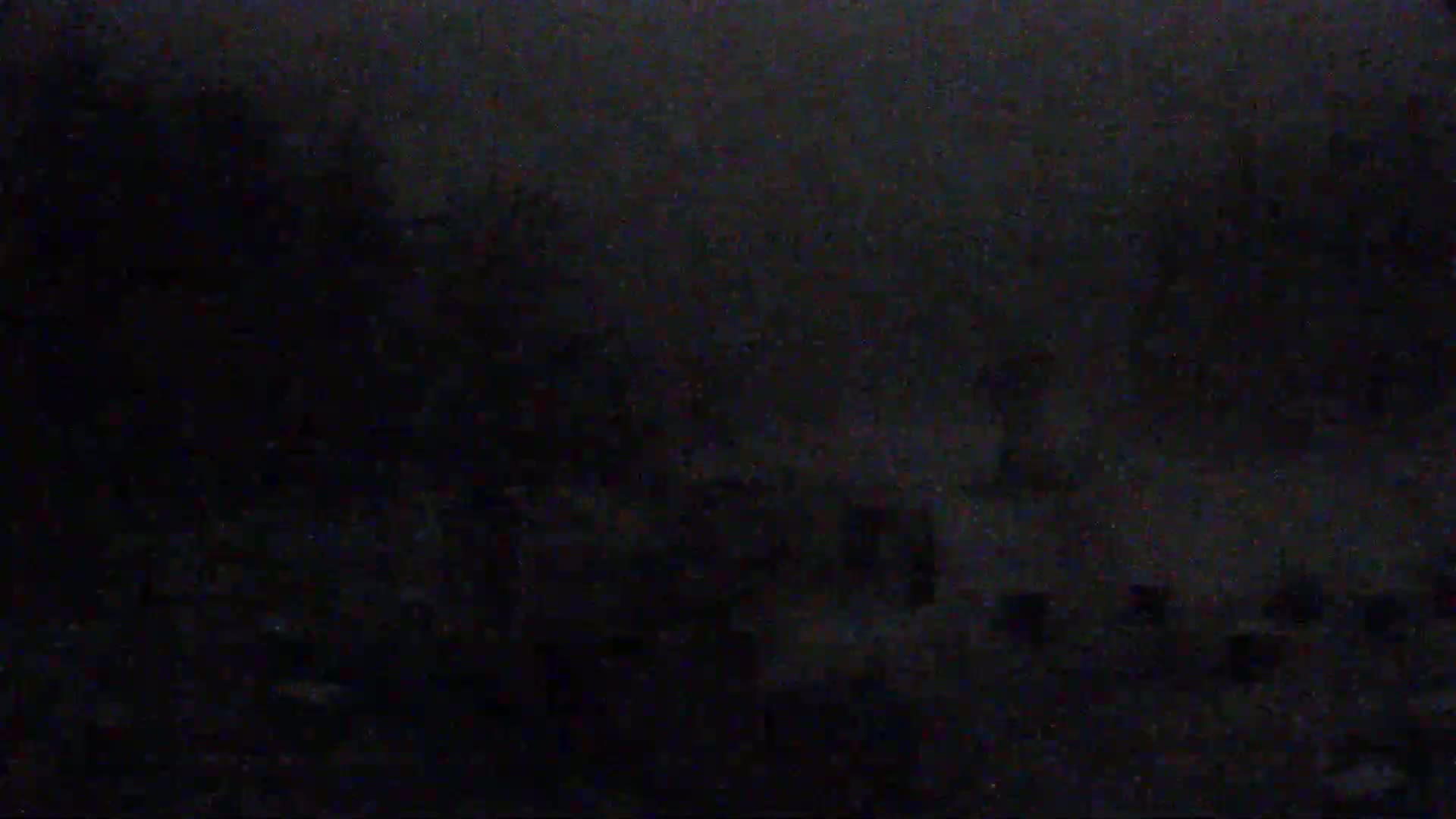 A dark, foggy scene shows indistinct shapes that appear to be trees and buildings at night.