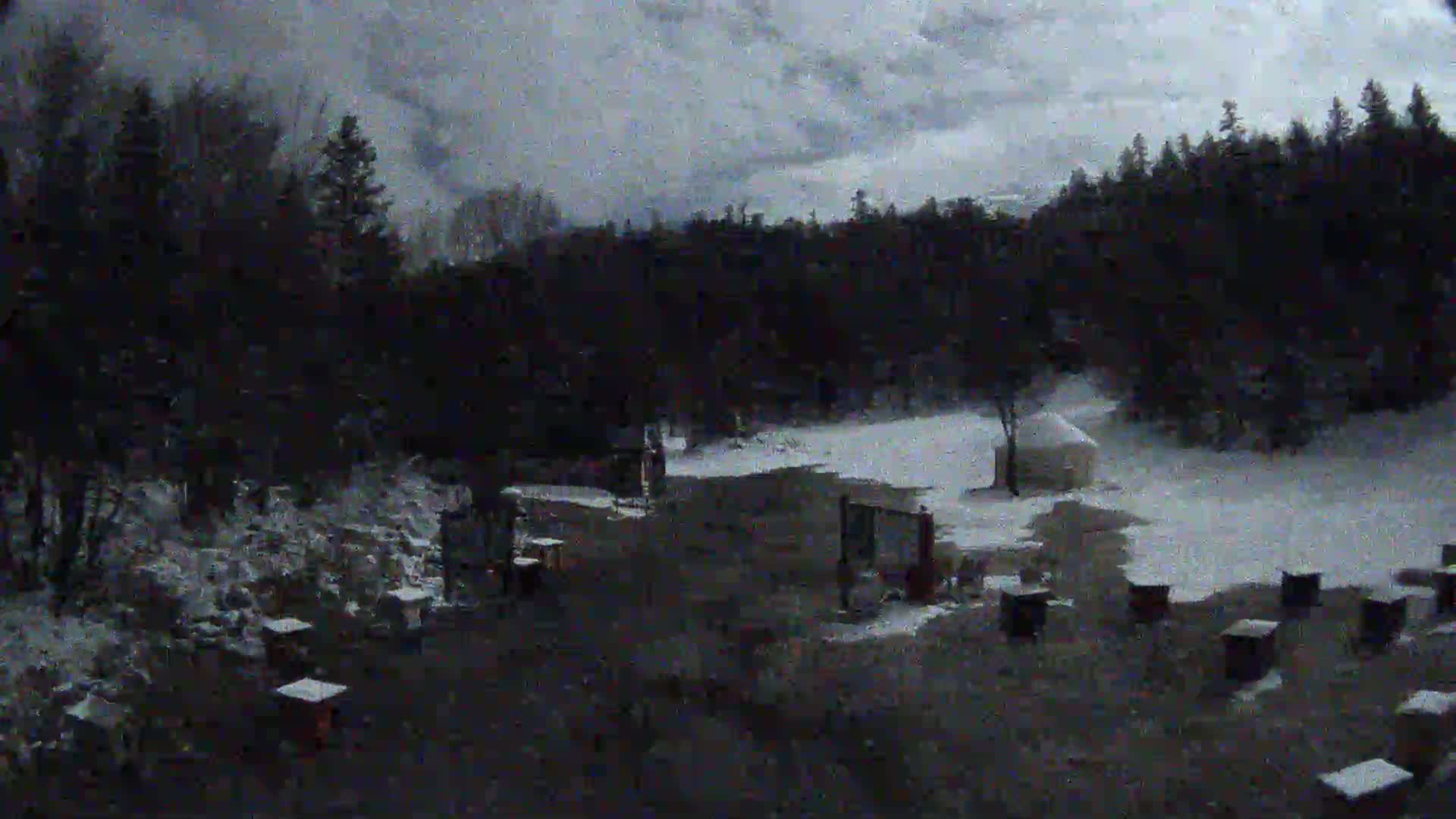 A snow-covered parking lot with several dark structures and a small, light-colored building sits before a dark forest under a cloudy sky.