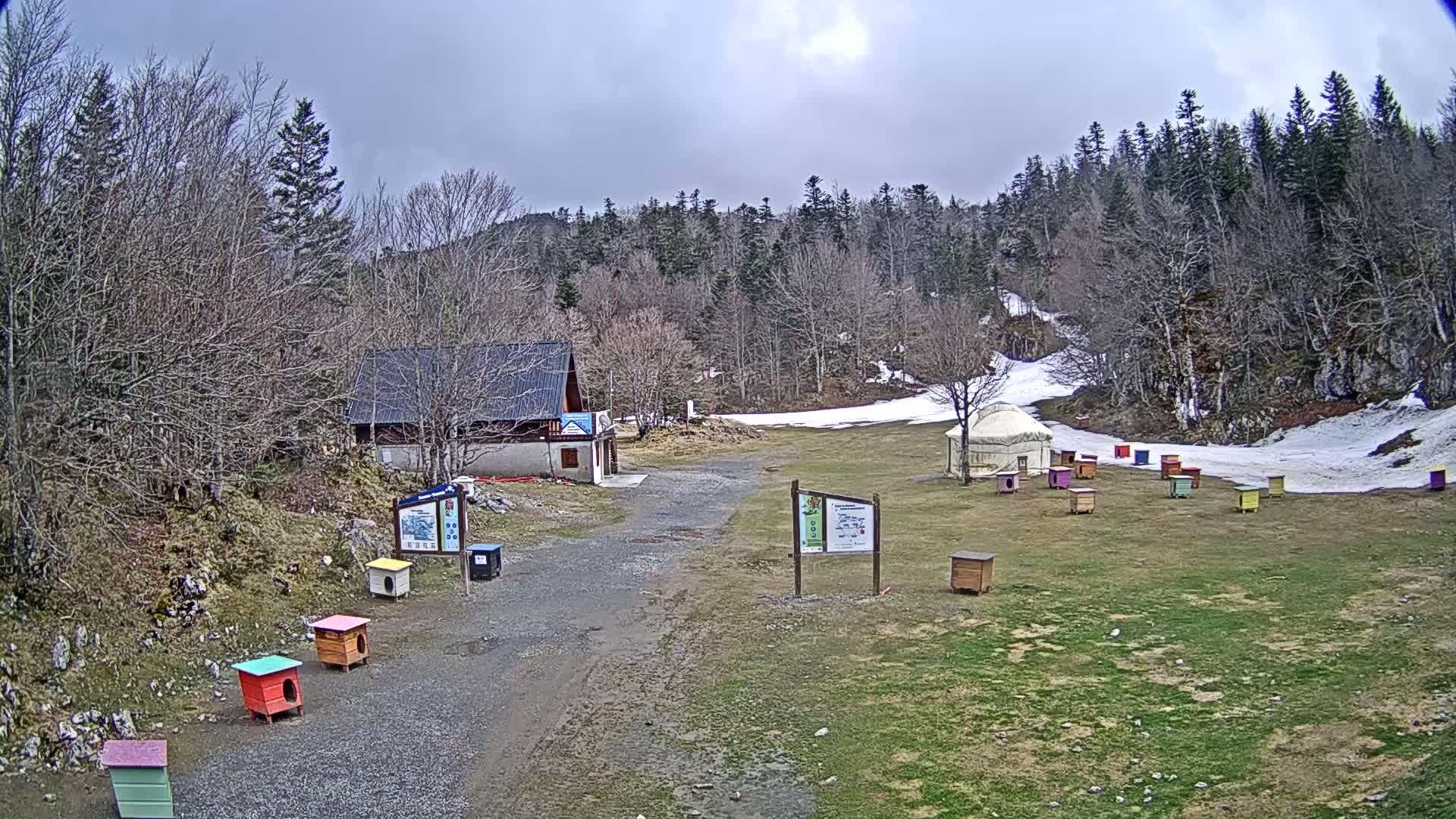 A small building and yurt sit on a grassy area with patches of snow, surrounded by bare trees under an overcast sky.