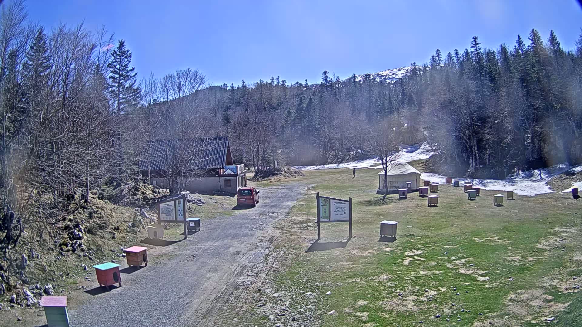 A sunny day reveals a gravel road leading to a small building and several beehives nestled in a grassy area surrounded by leafless trees and a snow-dusted hillside.