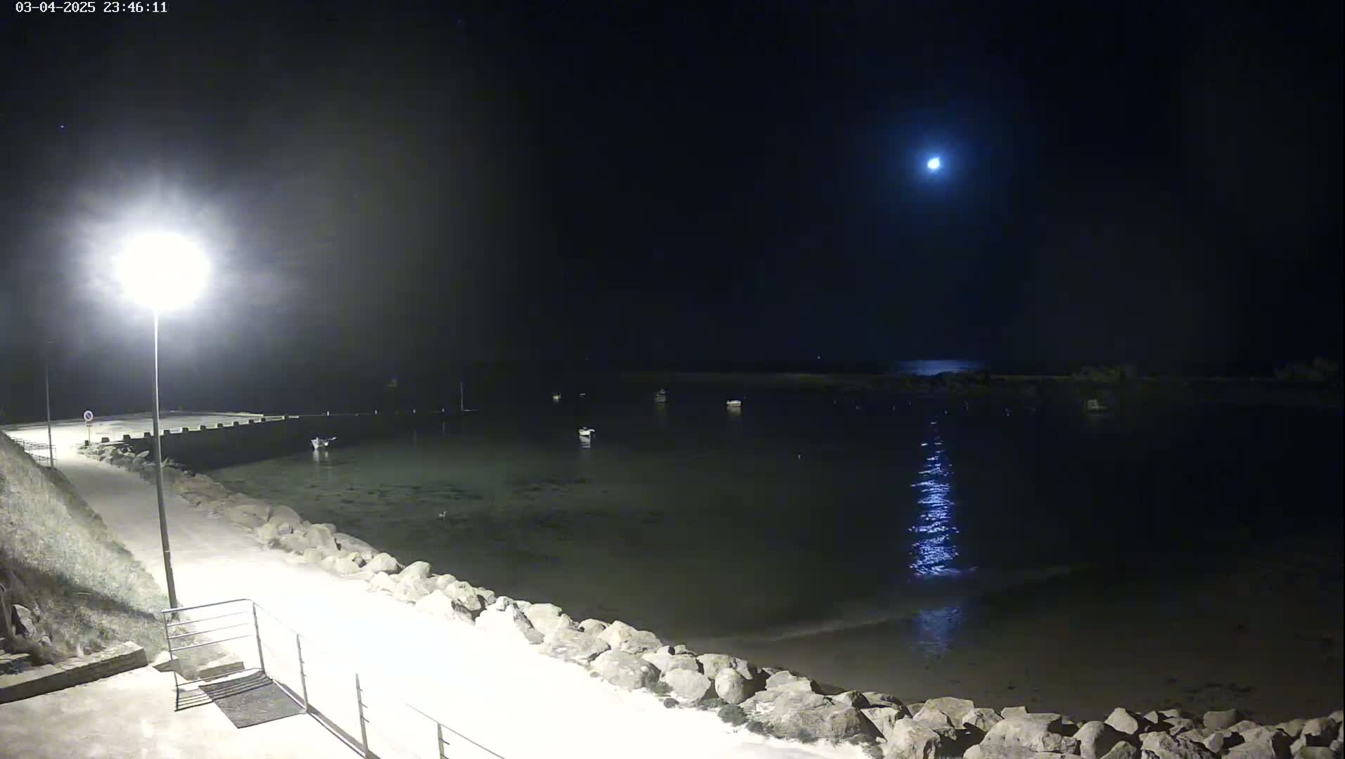A moonlit nighttime scene shows a calm body of water with several boats moored, a paved walkway lined with rocks, and a single lamppost illuminating the path.