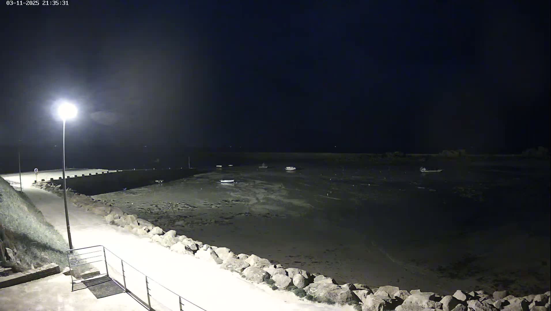 A nighttime view of a calm, dark harbor with several small boats at low tide, illuminated by a single lamppost on a paved walkway.