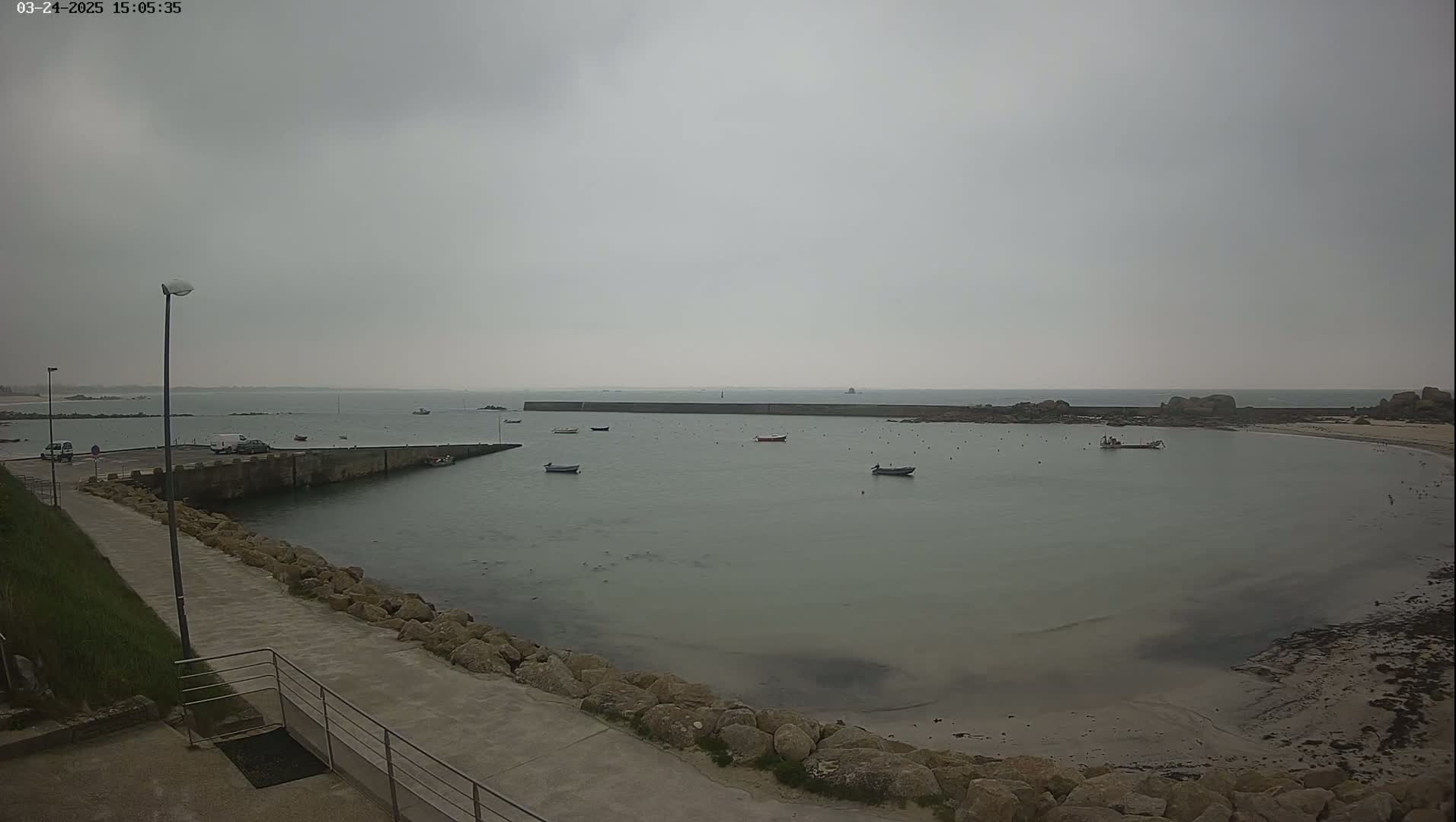 A small harbor with several boats is seen on an overcast day, with a paved walkway leading to the water's edge.