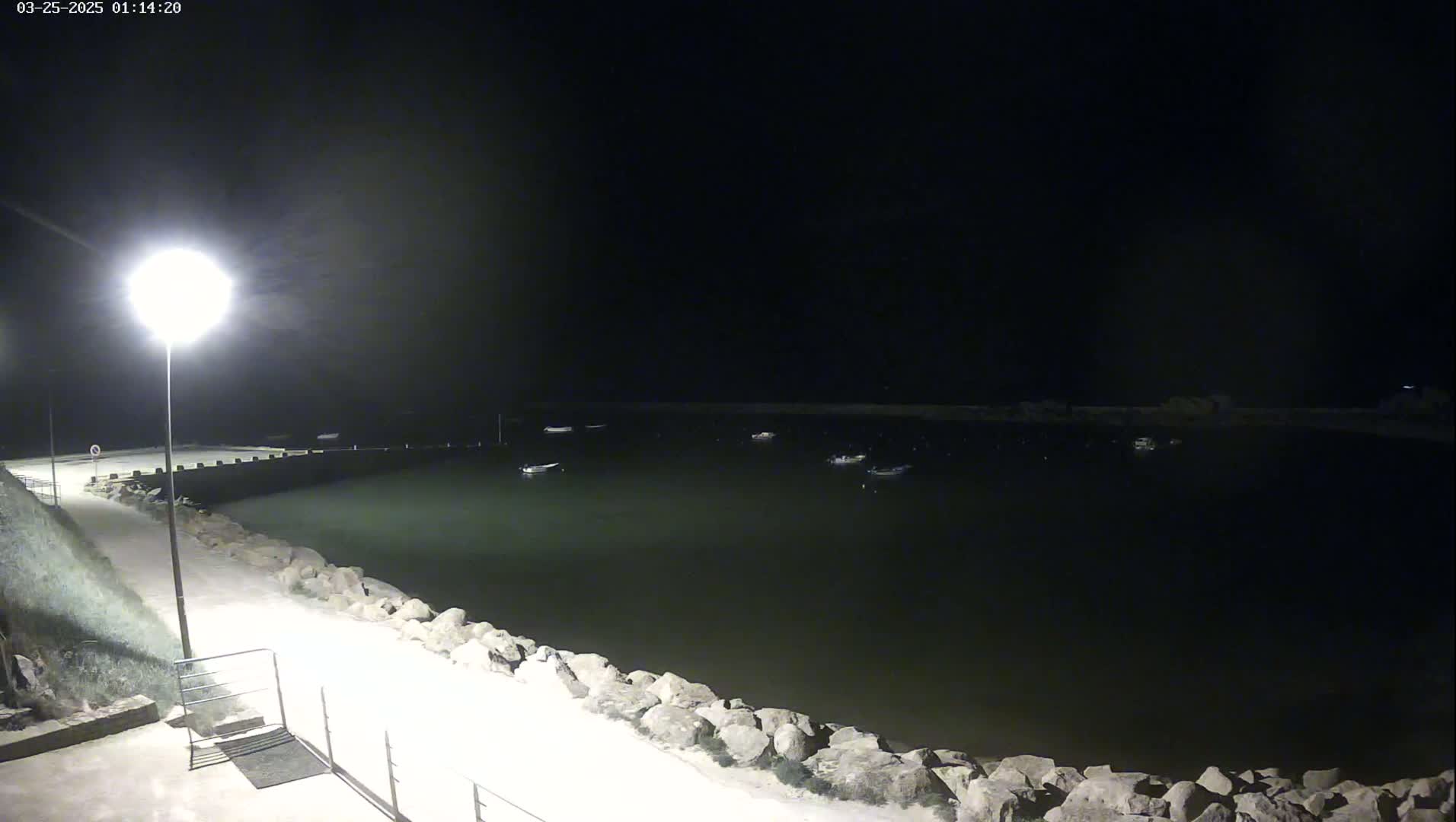 A nighttime view of a calm harbor with several boats, illuminated by a single lamppost on a paved walkway beside a rocky shoreline.