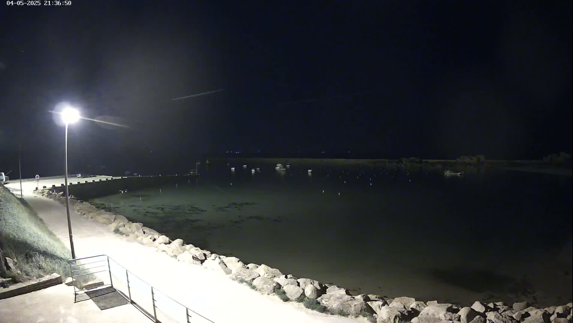A nighttime view of a calm body of water with several boats moored, a paved walkway lined with rocks, and a single lamppost illuminating the scene.