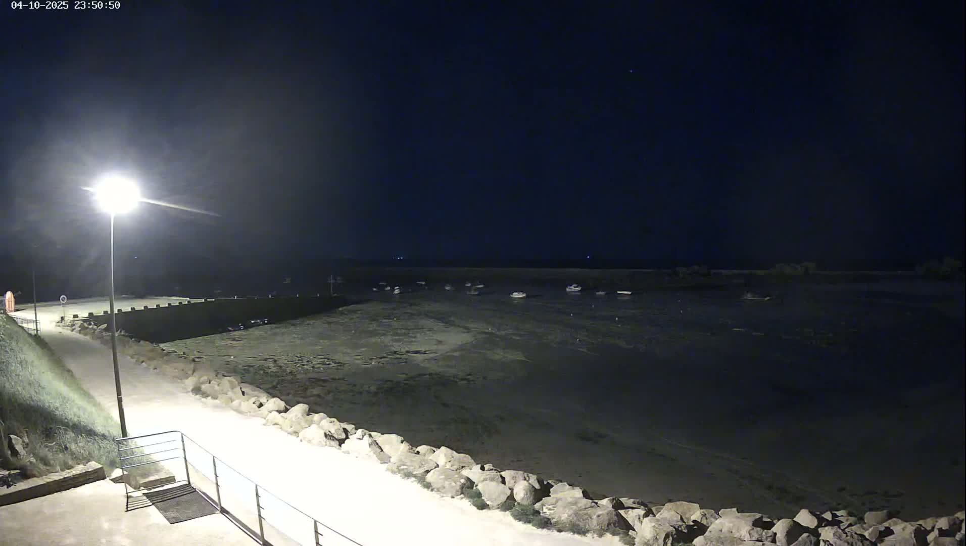 A nighttime view of a calm harbor with several boats at low tide, illuminated by a single lamppost on a paved walkway.
