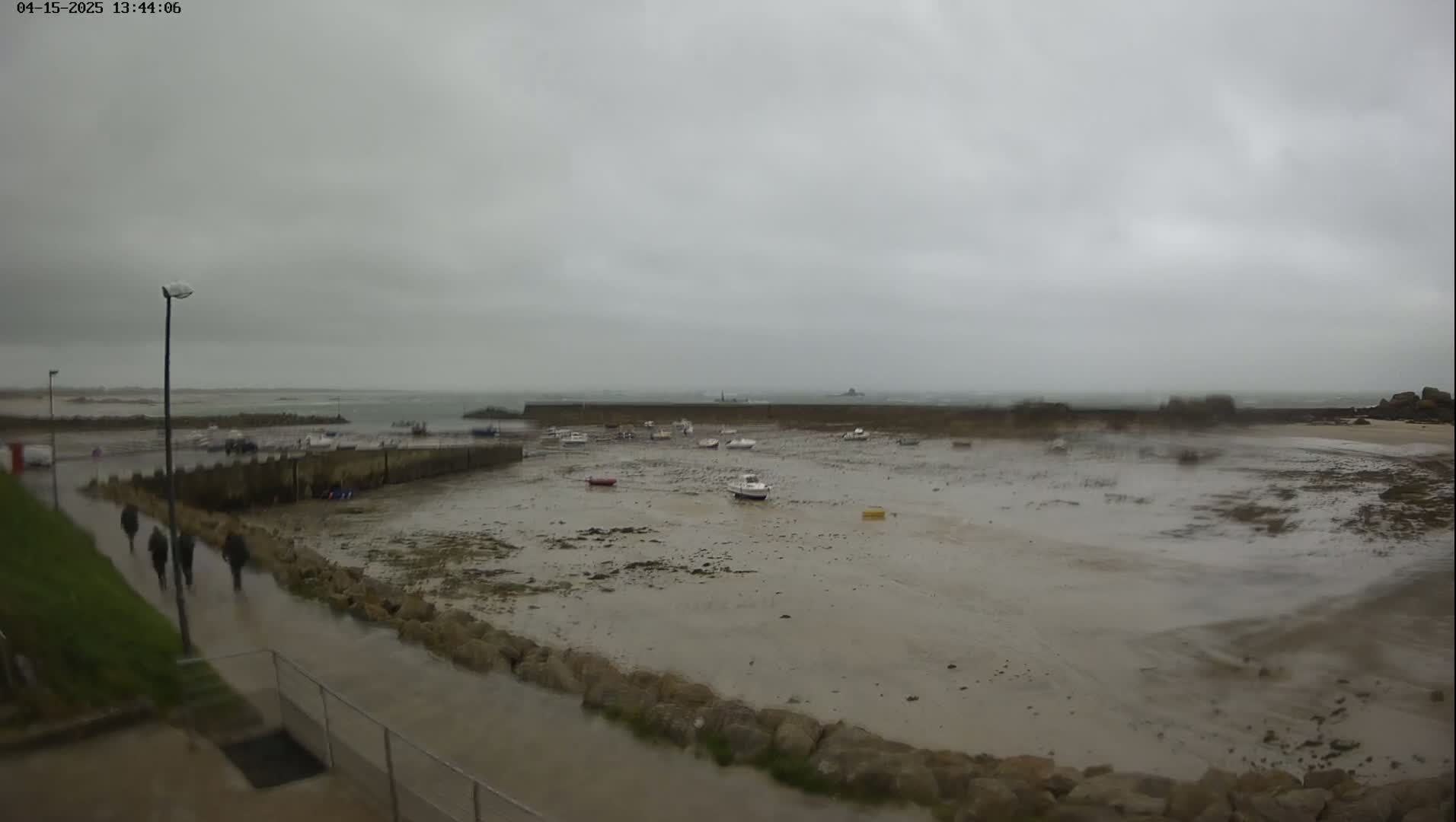 A mostly empty harbor with several small boats sits at low tide under an overcast sky, with several people walking along a wet walkway to the left.