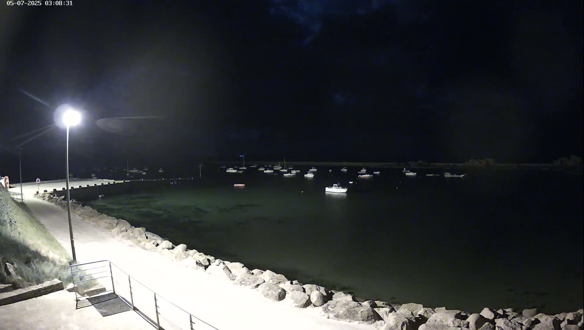 A nighttime view of a harbor with numerous boats moored in calm water, under a dark, cloudy sky.