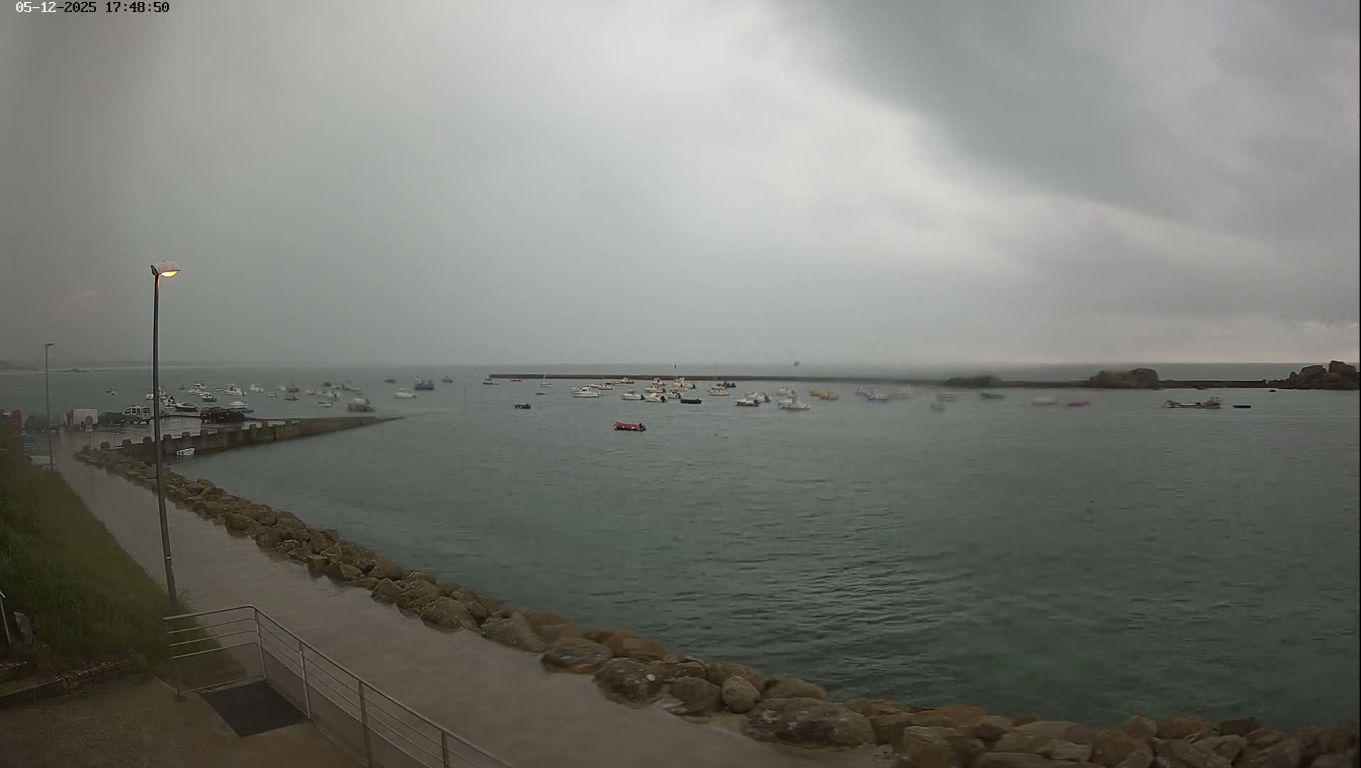 A harbor filled with numerous small boats is seen under an overcast sky during a light rain.