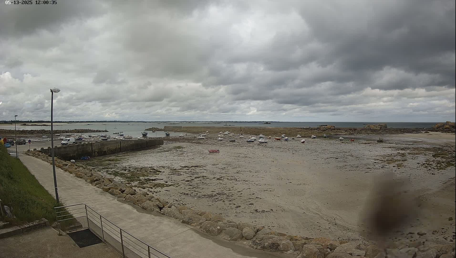 A mostly overcast sky hangs over a small harbor where numerous boats are beached on exposed mudflats at low tide.