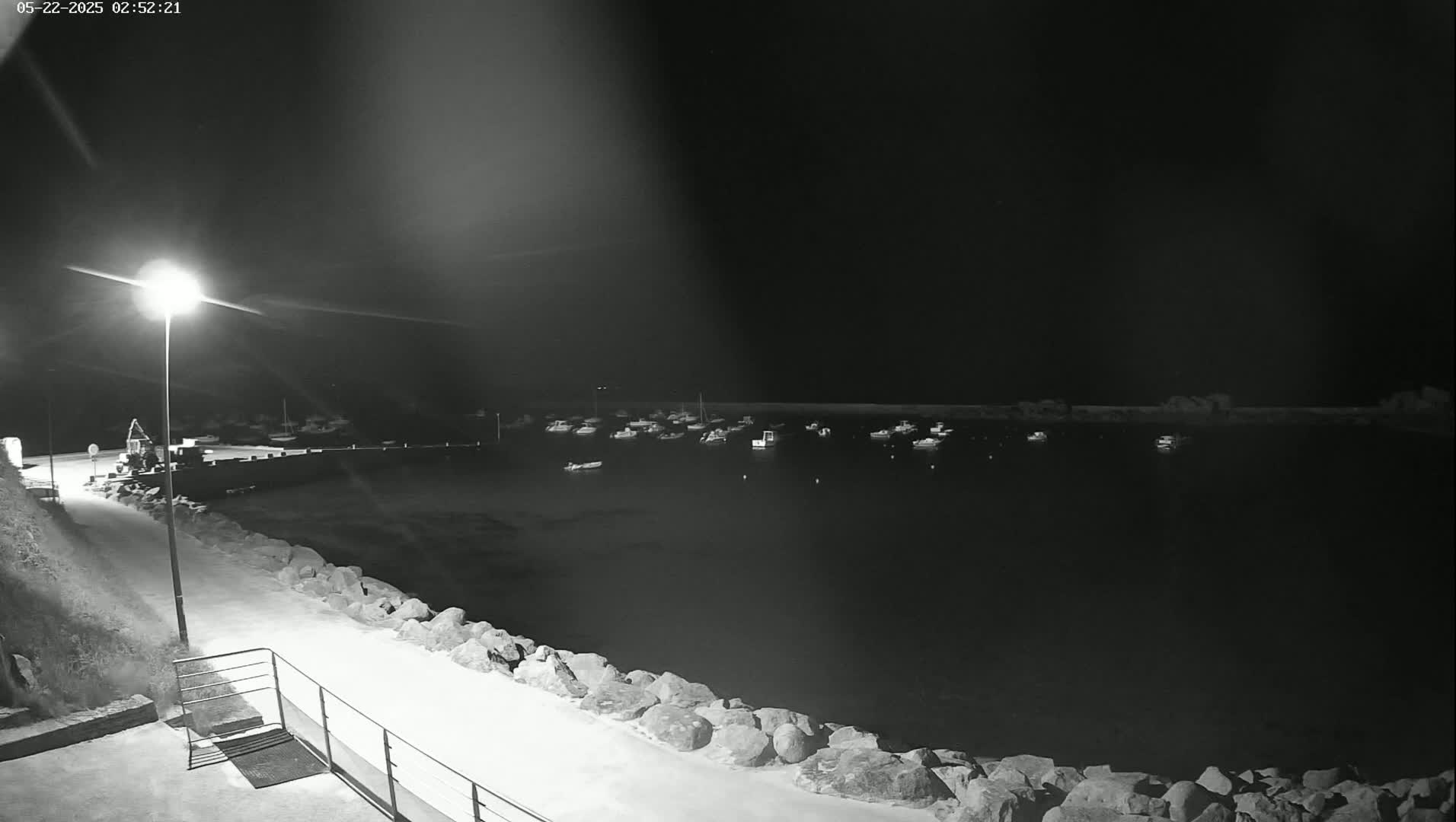 A nighttime view of a harbor filled with boats, illuminated by a single lamp post on a rocky shoreline.