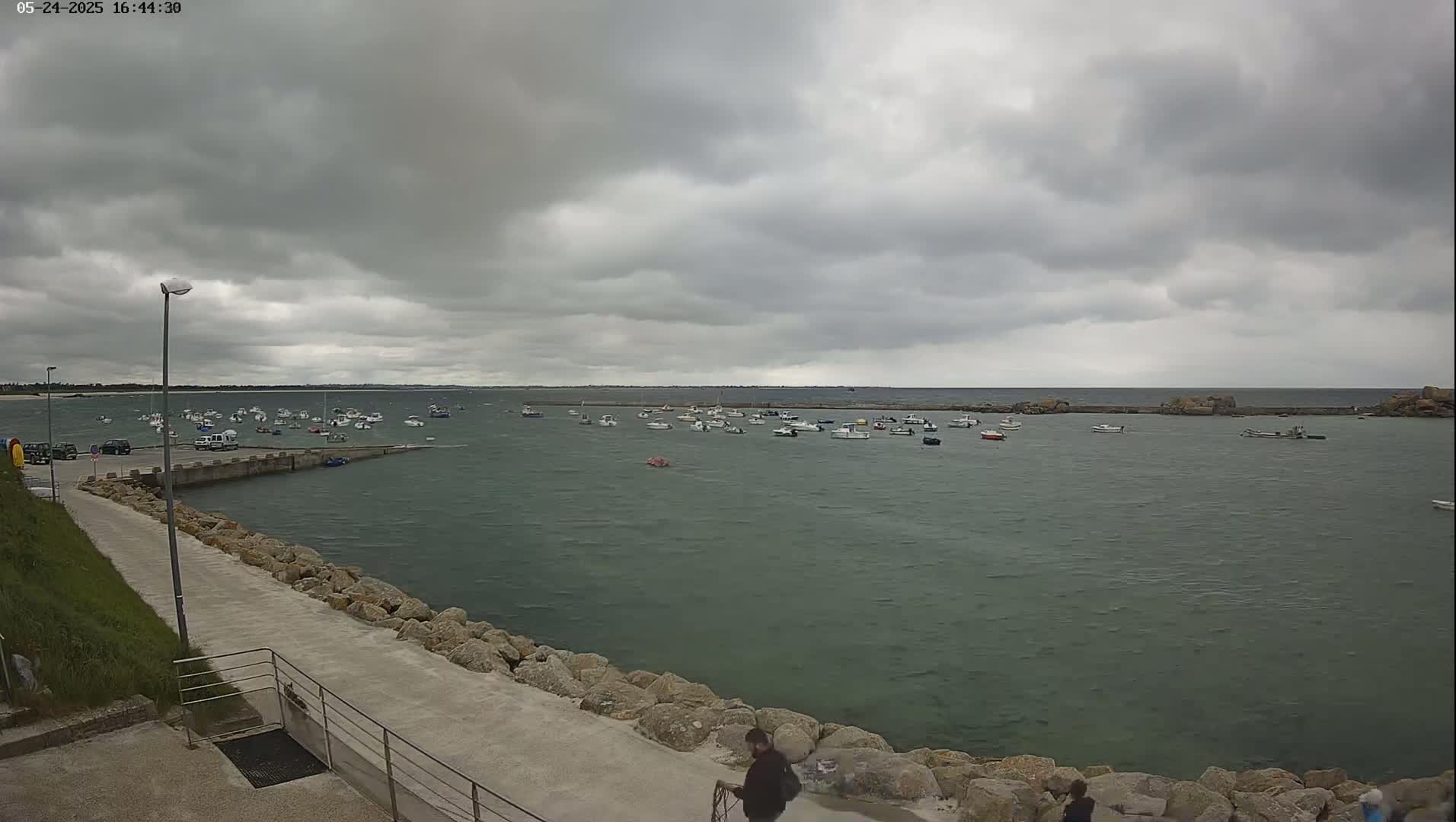 A calm, overcast day shows numerous small boats moored in a harbor, viewed from a paved walkway bordered by rocks.