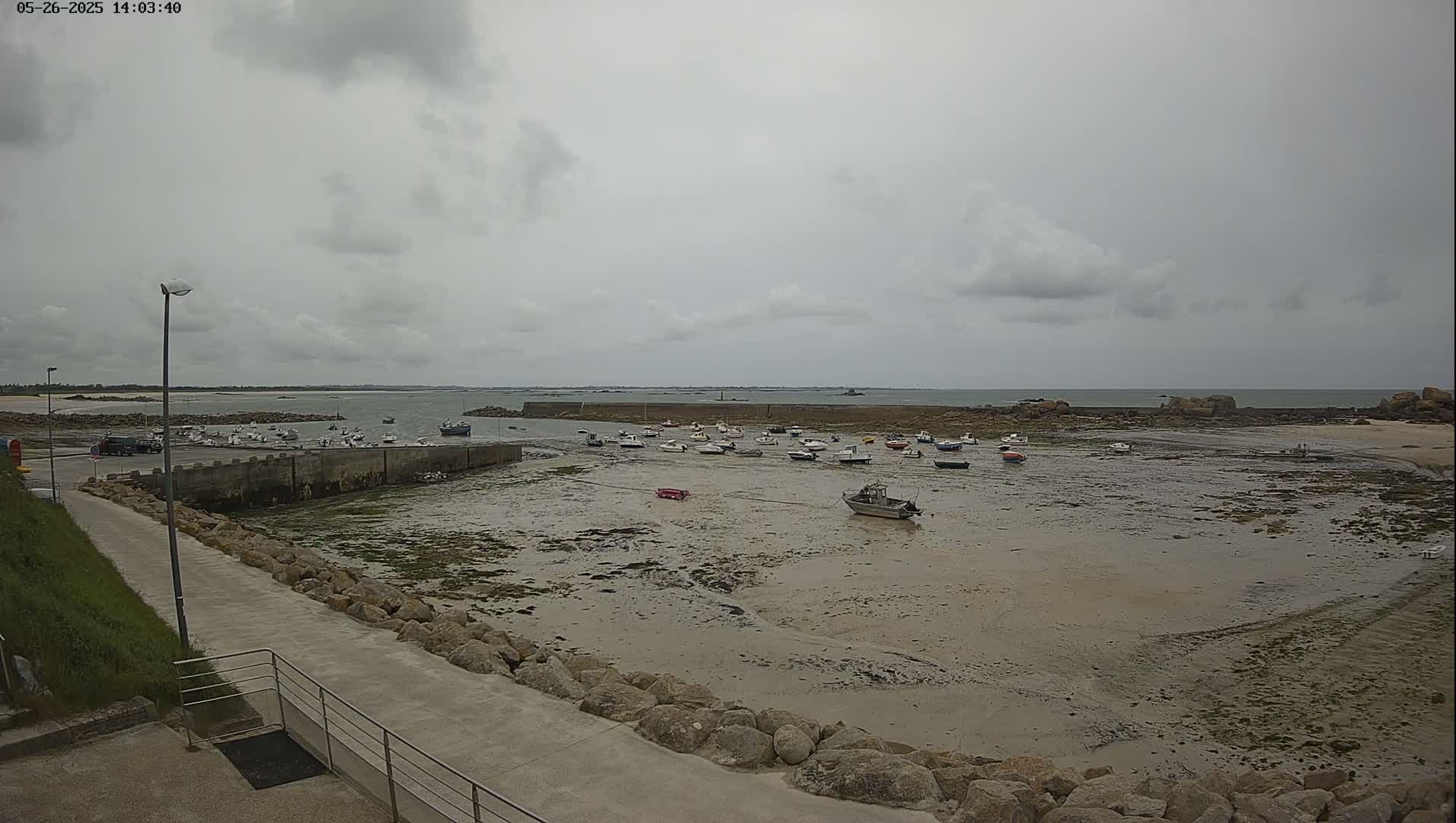 A harbor filled with small boats sits exposed at low tide under an overcast sky.