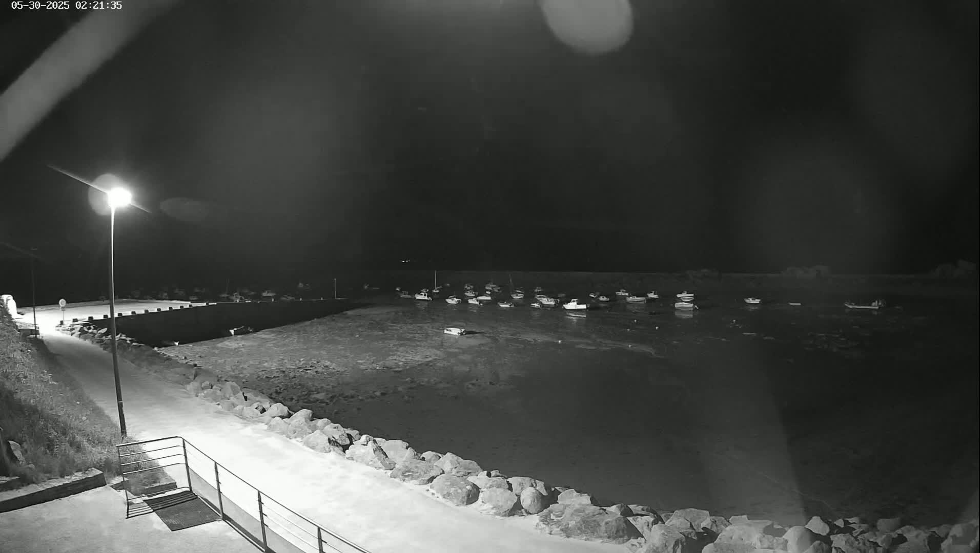 A nighttime, low-light view of a harbor with numerous small boats at rest, a paved walkway, and a rocky shoreline illuminated by a single streetlight.