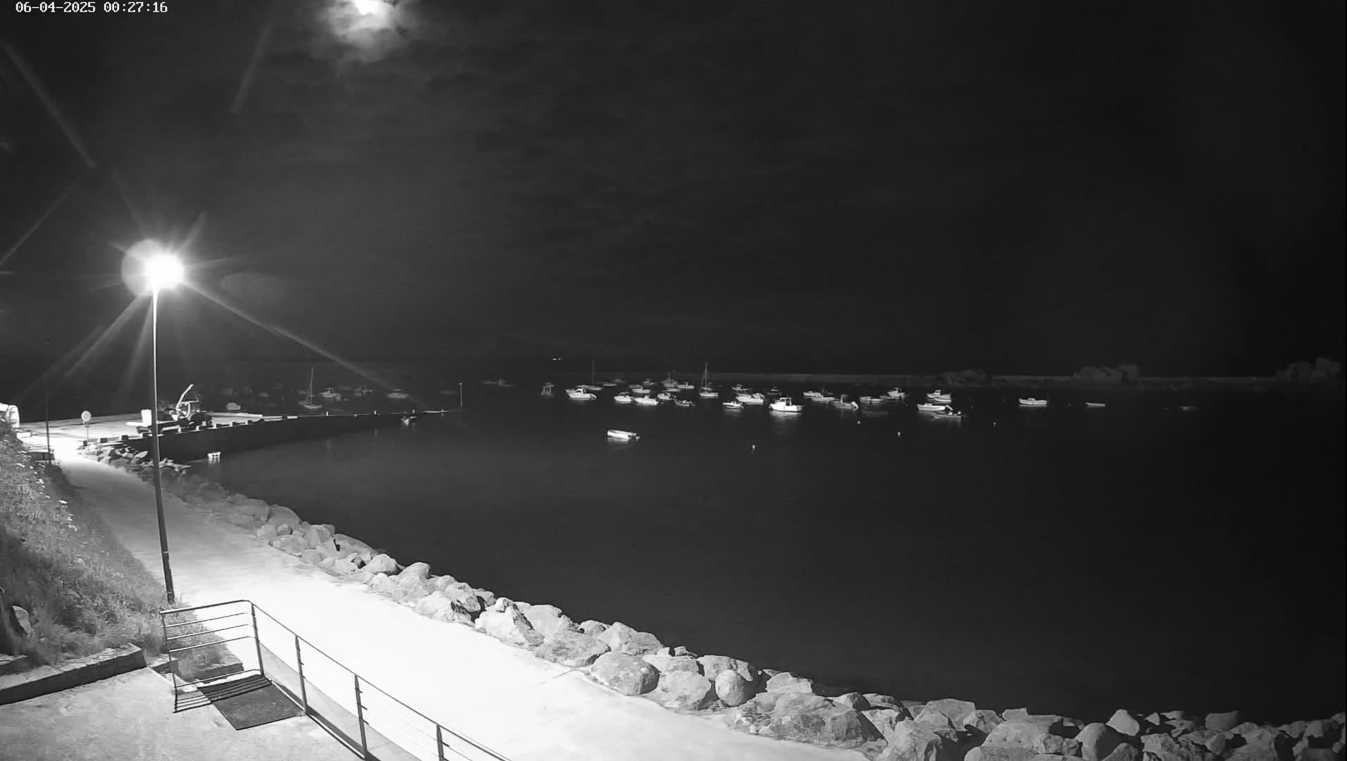 A nighttime, moonlit view of a harbor with numerous small boats at rest, a paved walkway, and a lamppost illuminating the scene.