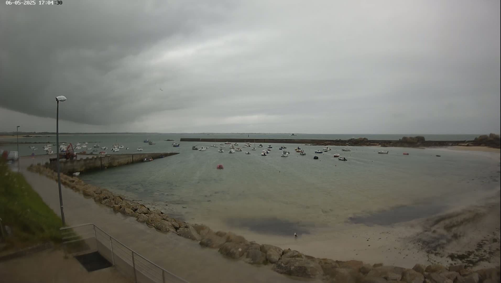 A calm harbor with numerous small boats under an overcast sky.