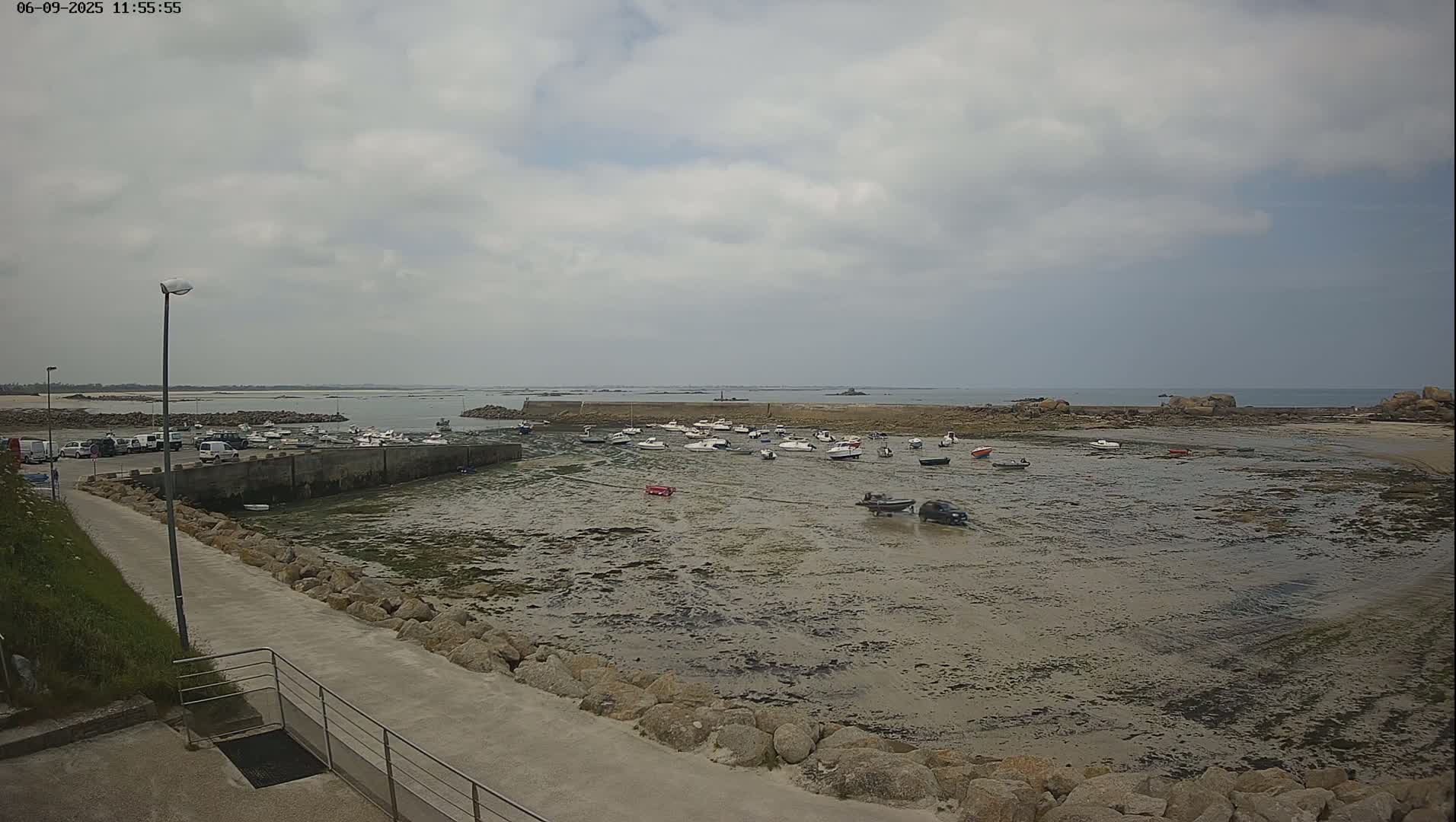 A small harbor filled with boats sits on a mostly exposed, muddy seabed under a cloudy sky.