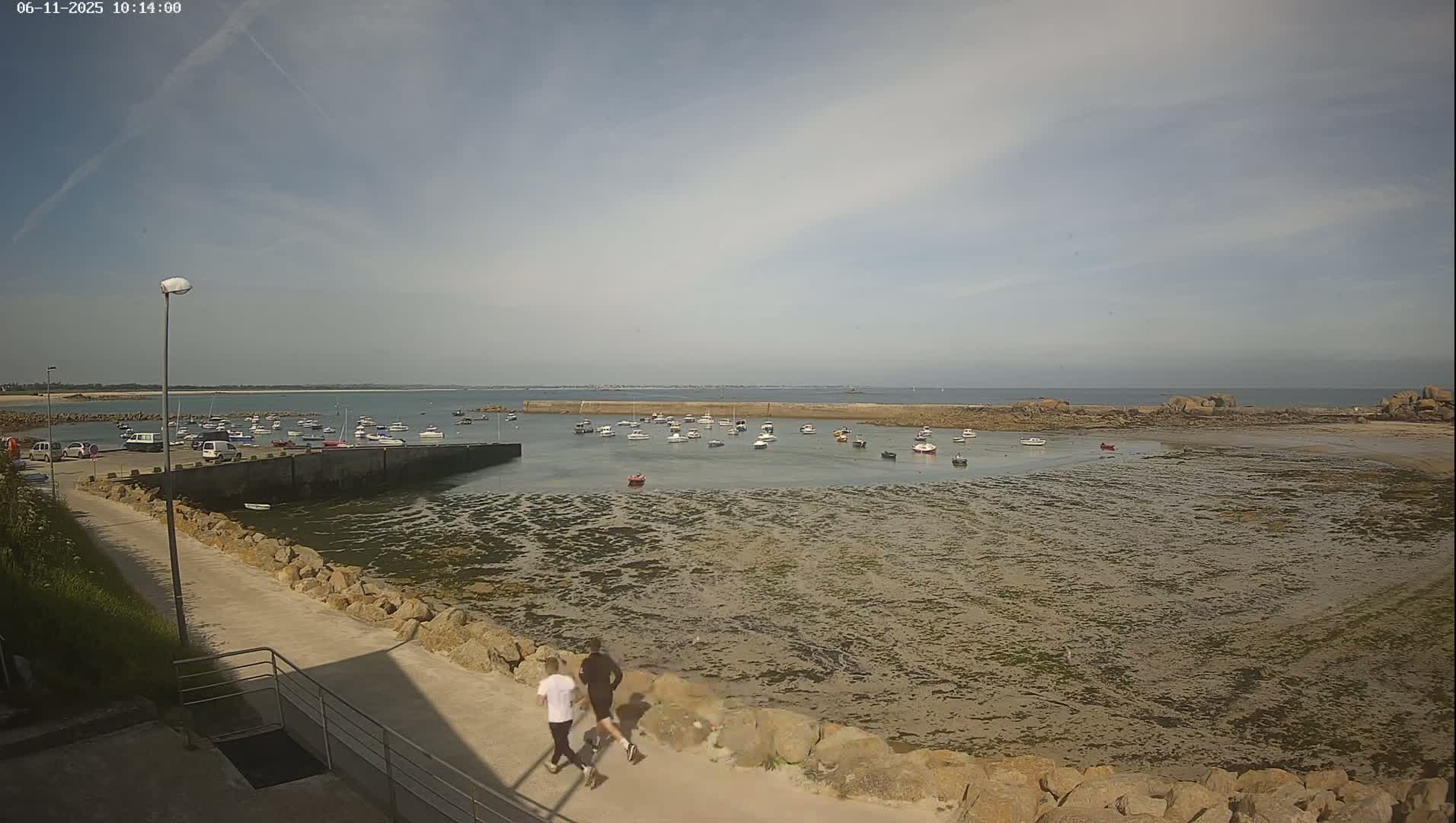 Two people jog along a paved path overlooking a calm harbor filled with numerous small boats under a partly cloudy sky.
