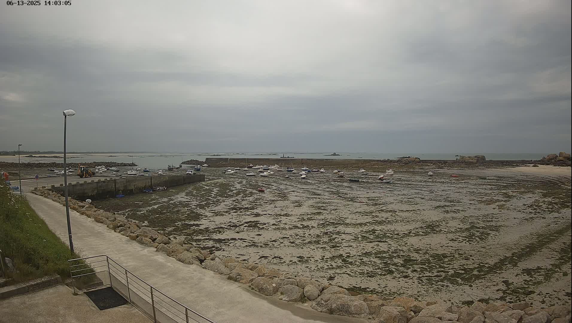 A harbor with numerous boats sits mostly exposed at low tide under an overcast sky.