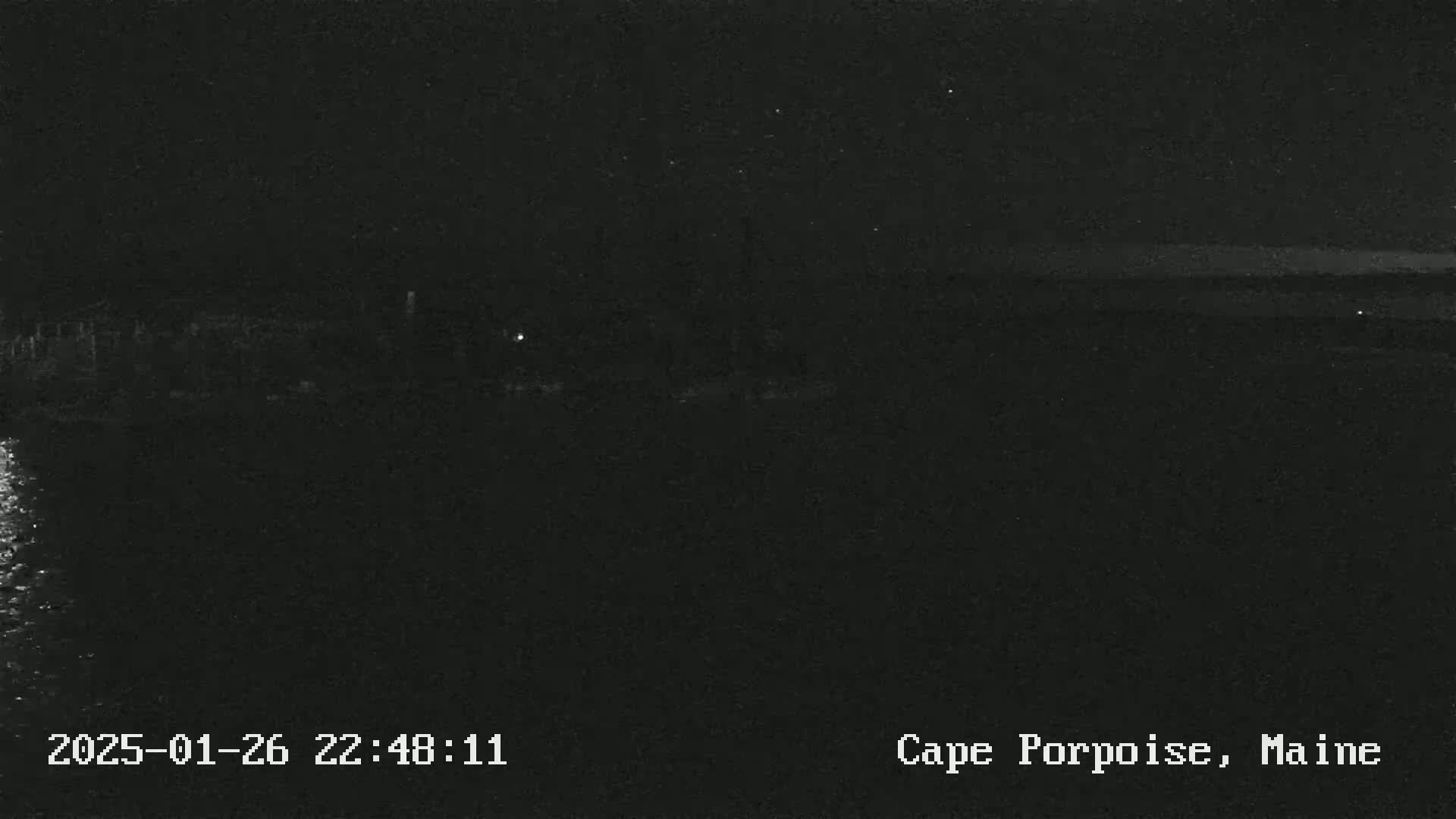 Here is a description of the image: A nighttime, low-light view of a dark body of water with a dark shoreline in the distance under a clear, starry sky.