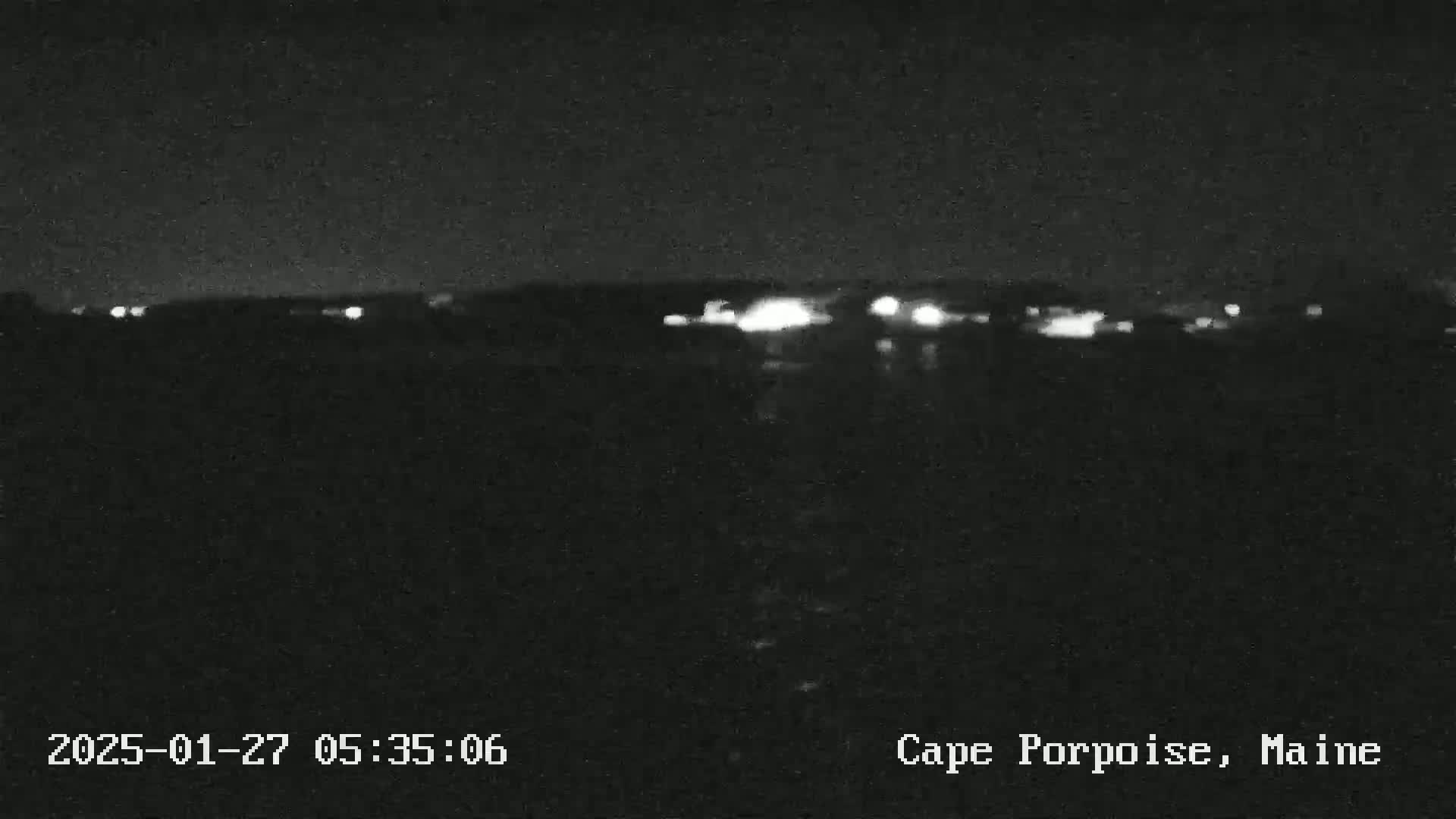 Here is a description of the image:  A nighttime, low-light image shows a dark landscape with a distant line of faint lights.
