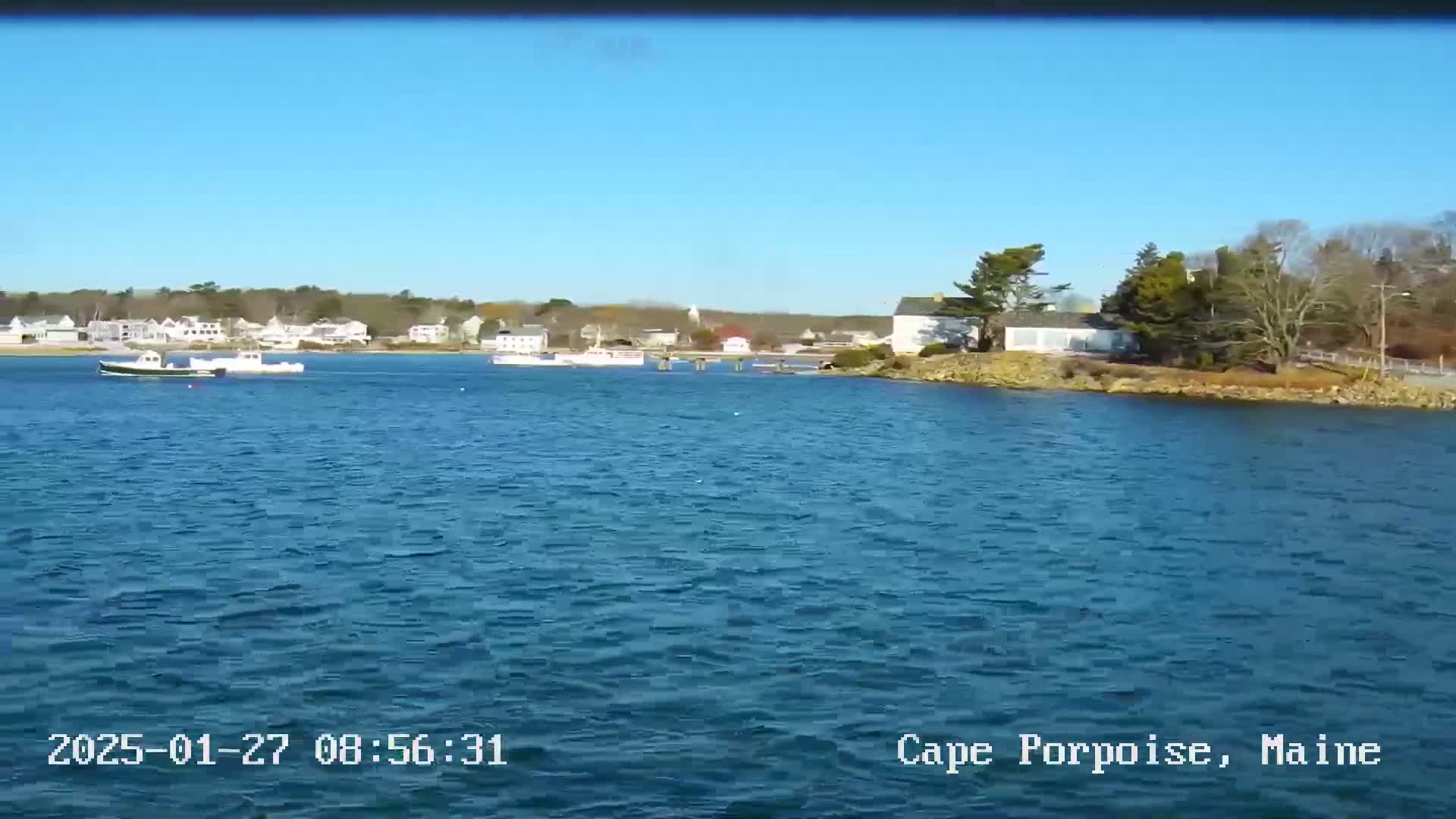 A calm, sunny day shows a body of water with several boats and a small town in the background.