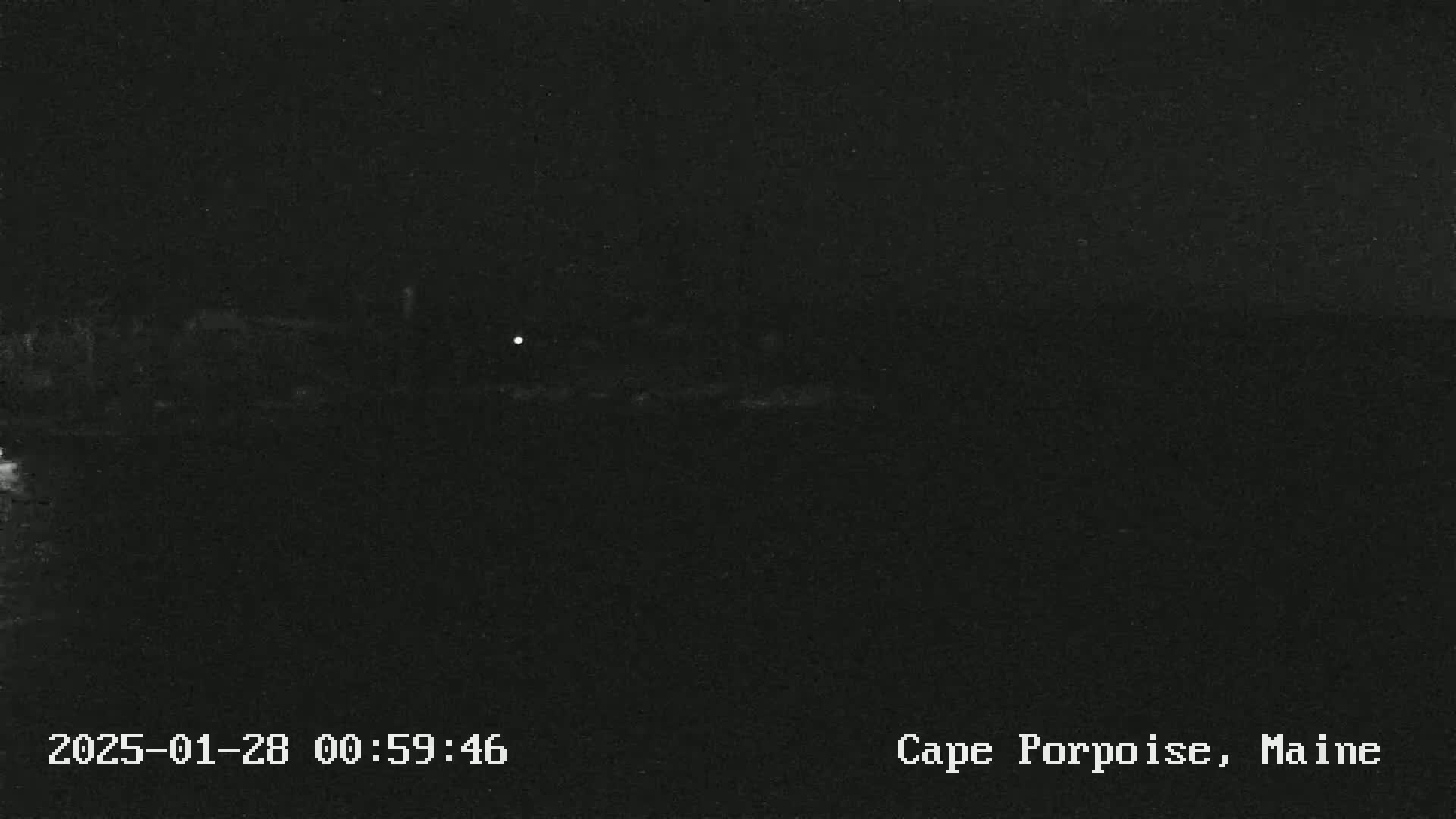 A dark, nighttime scene shows a dimly lit shoreline under a clear sky.