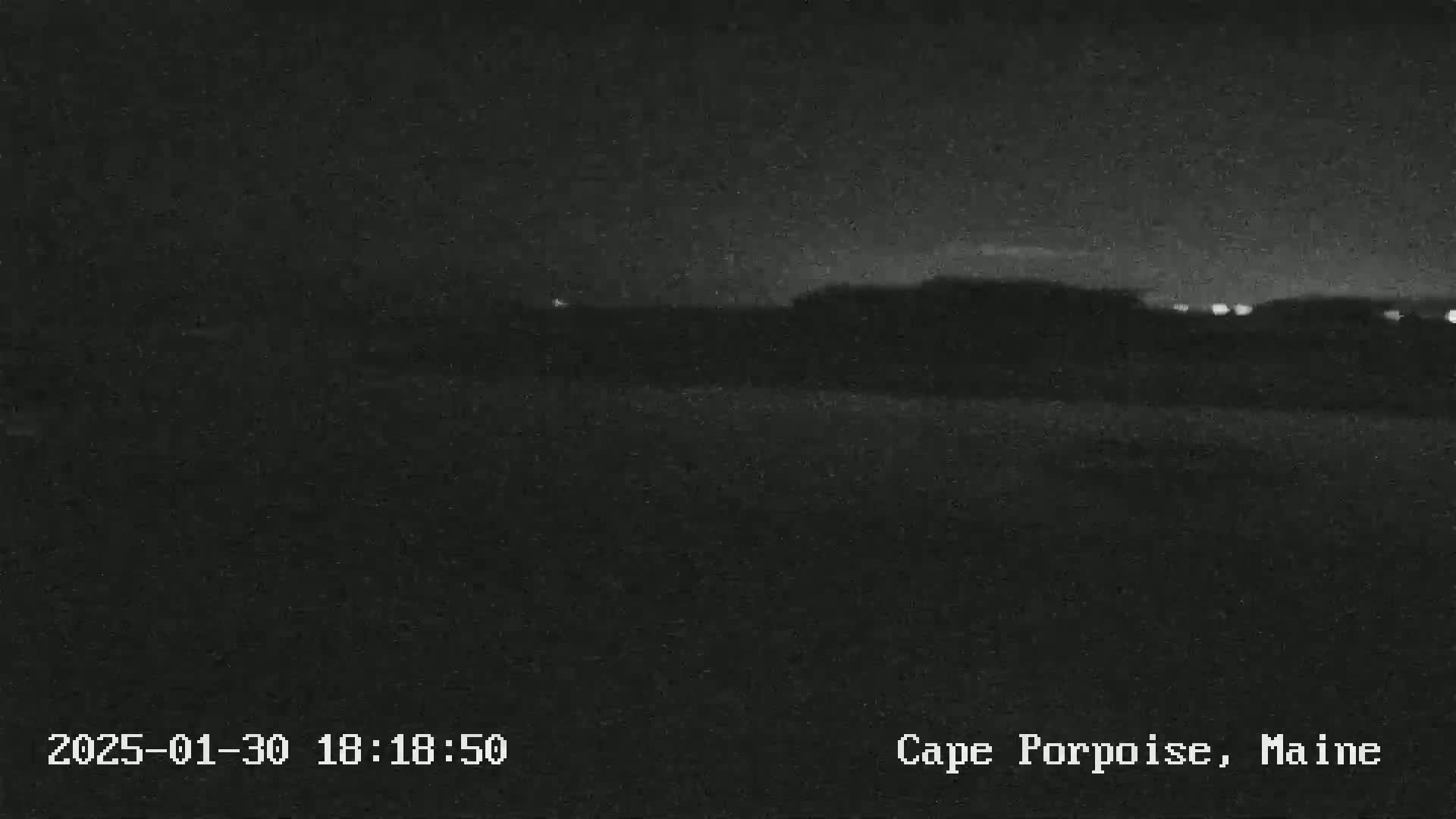 A nighttime, low-light image shows a dark landscape with a few distant lights under a mostly clear sky.