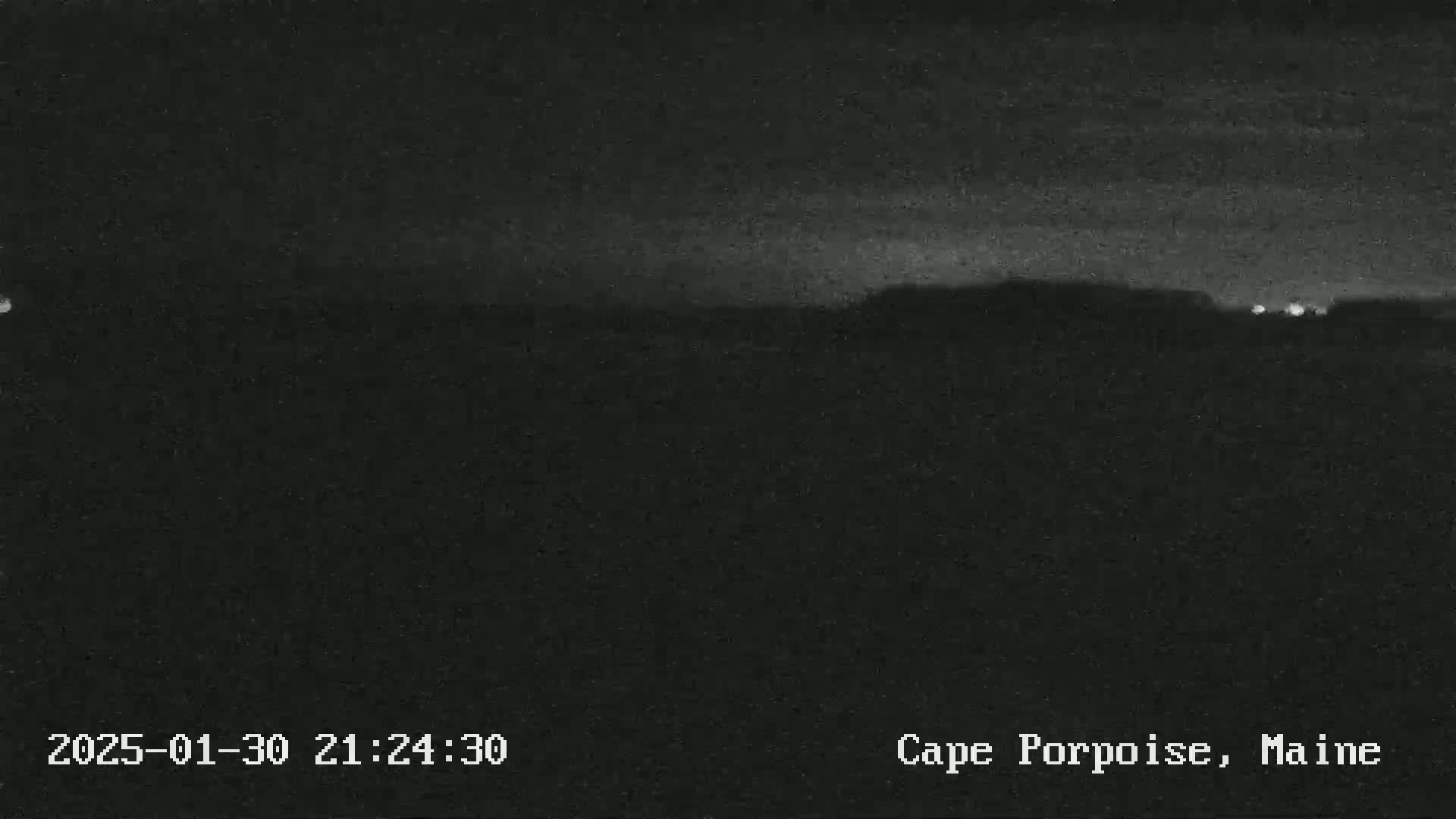A nighttime, low-light image shows a dark landscape with a faint horizon line and a few distant lights.