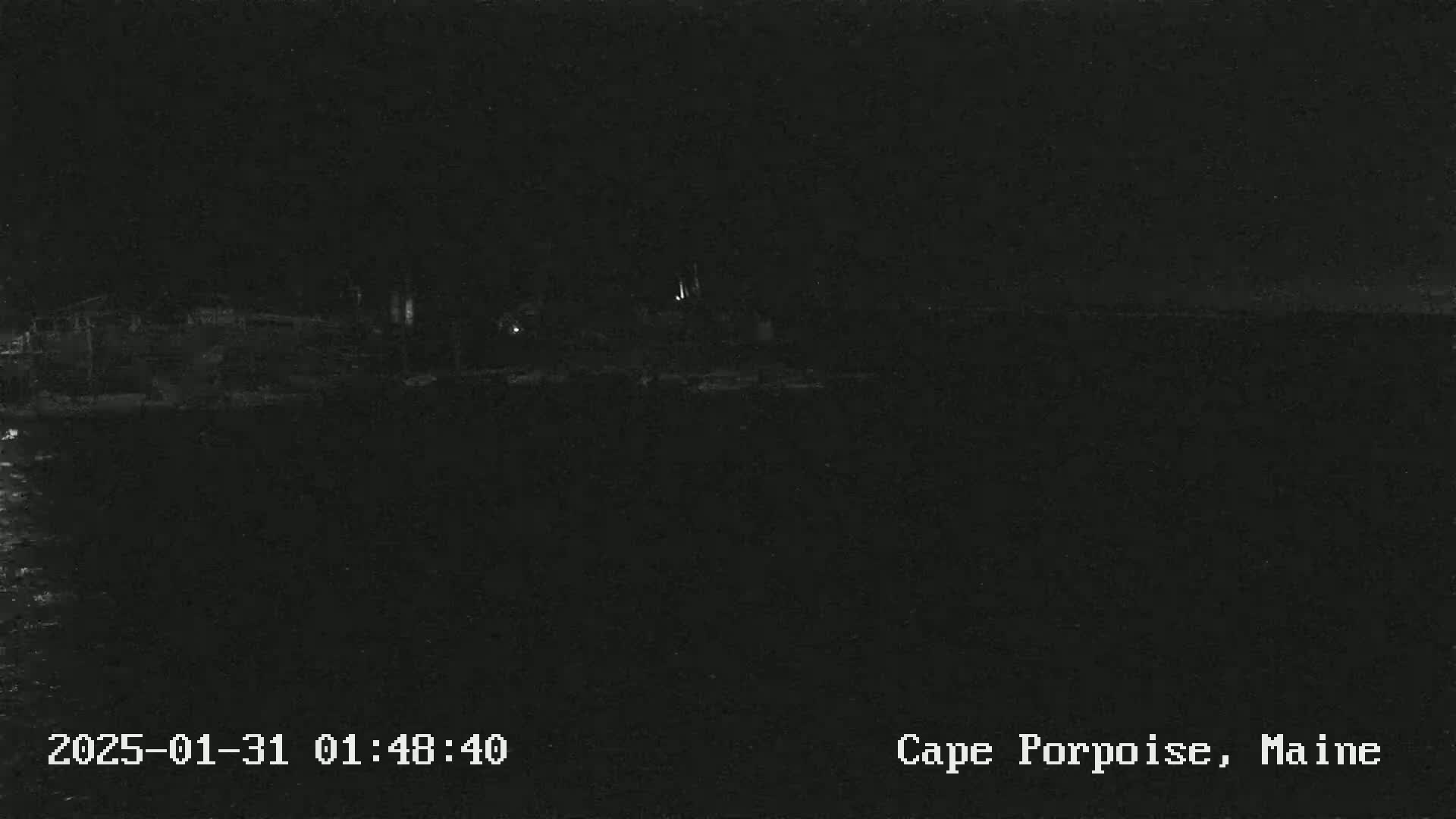 A dark, nighttime image shows a dimly lit shoreline and water under a clear, dark sky.