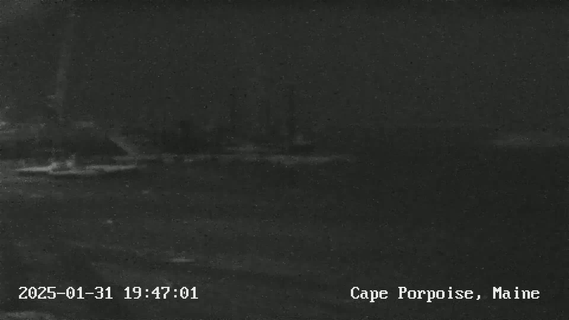 A dark, nighttime image shows a blurry, indistinct shoreline under a cloudy sky.