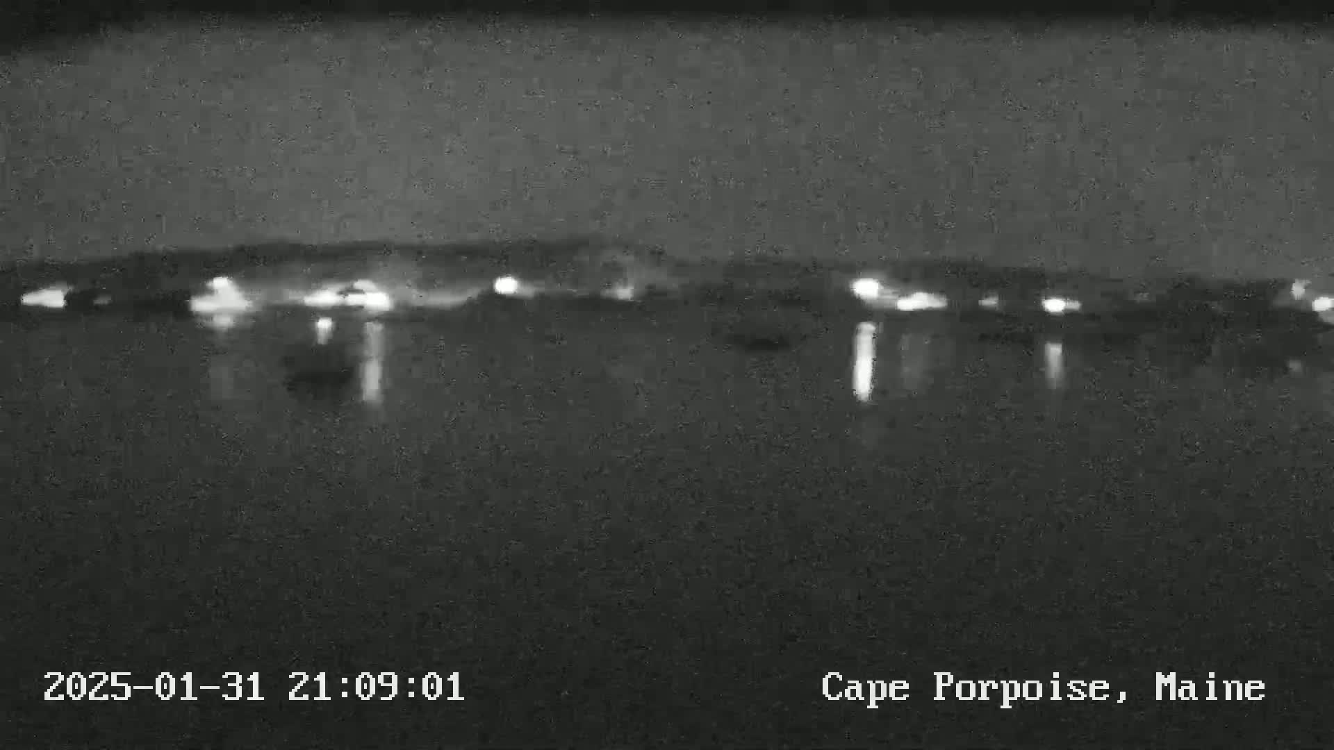 A nighttime, low-light image shows a dark body of water reflecting the distant lights of a shoreline.
