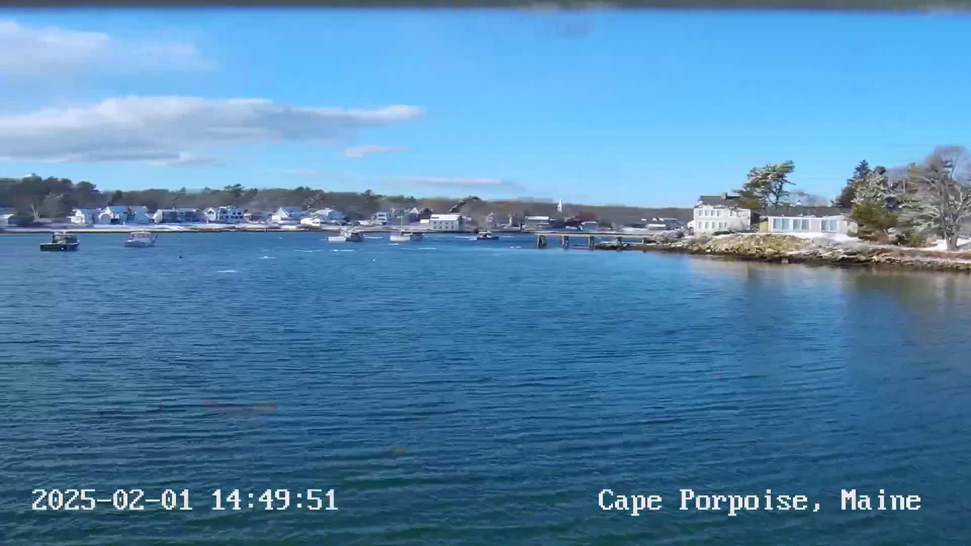 A partly cloudy, sunny day shows a calm body of water with several small boats and a snow-dusted shoreline featuring houses and trees.