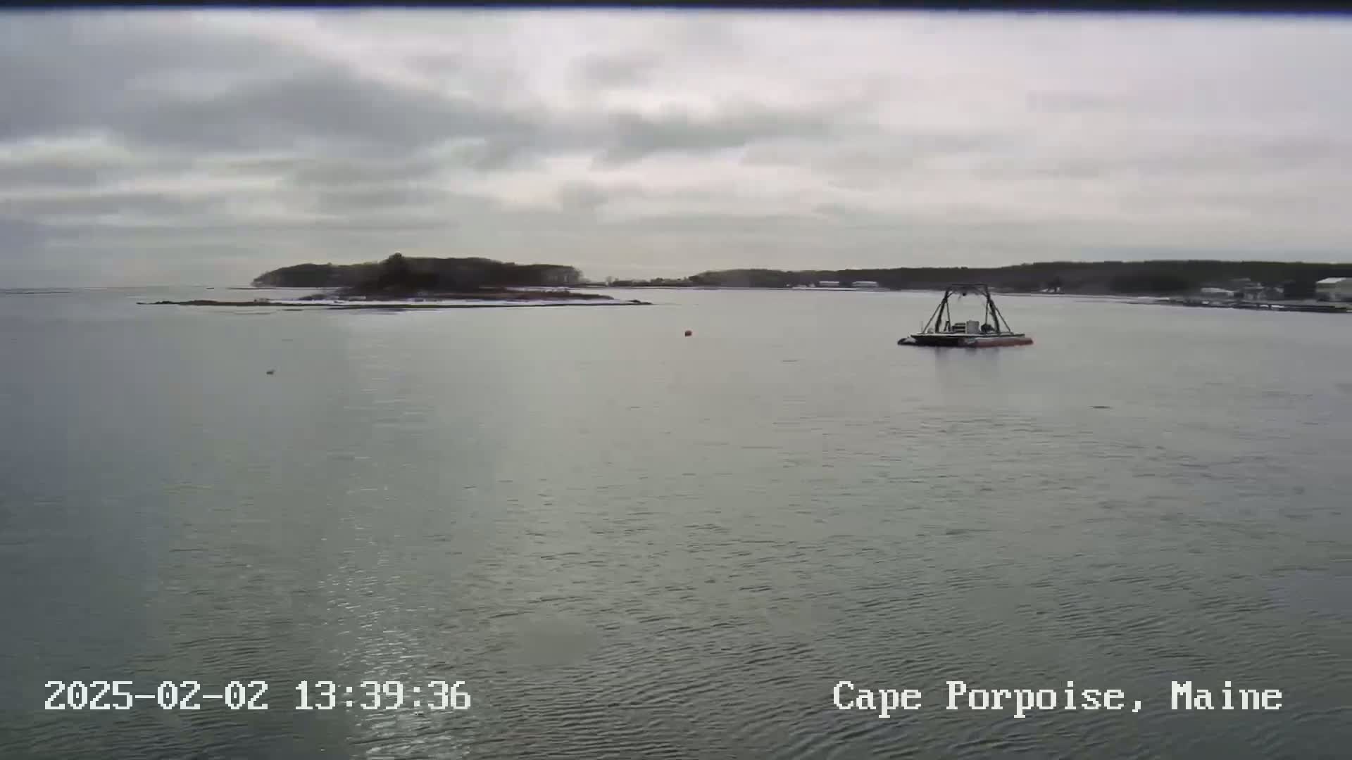 A calm, overcast day shows a small boat in a body of water with a small island in the distance.