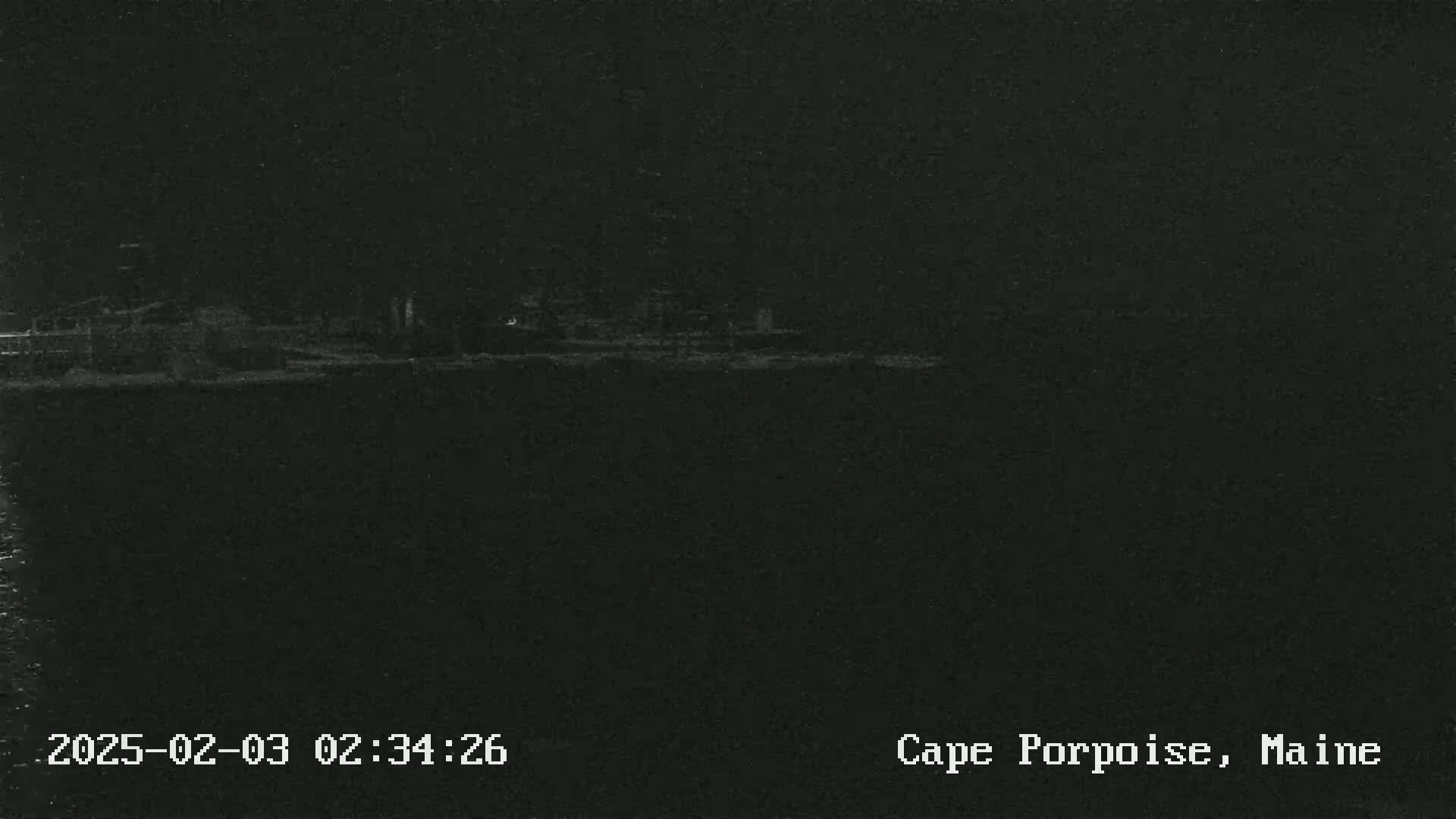A low-light nighttime image shows a dimly lit shoreline.