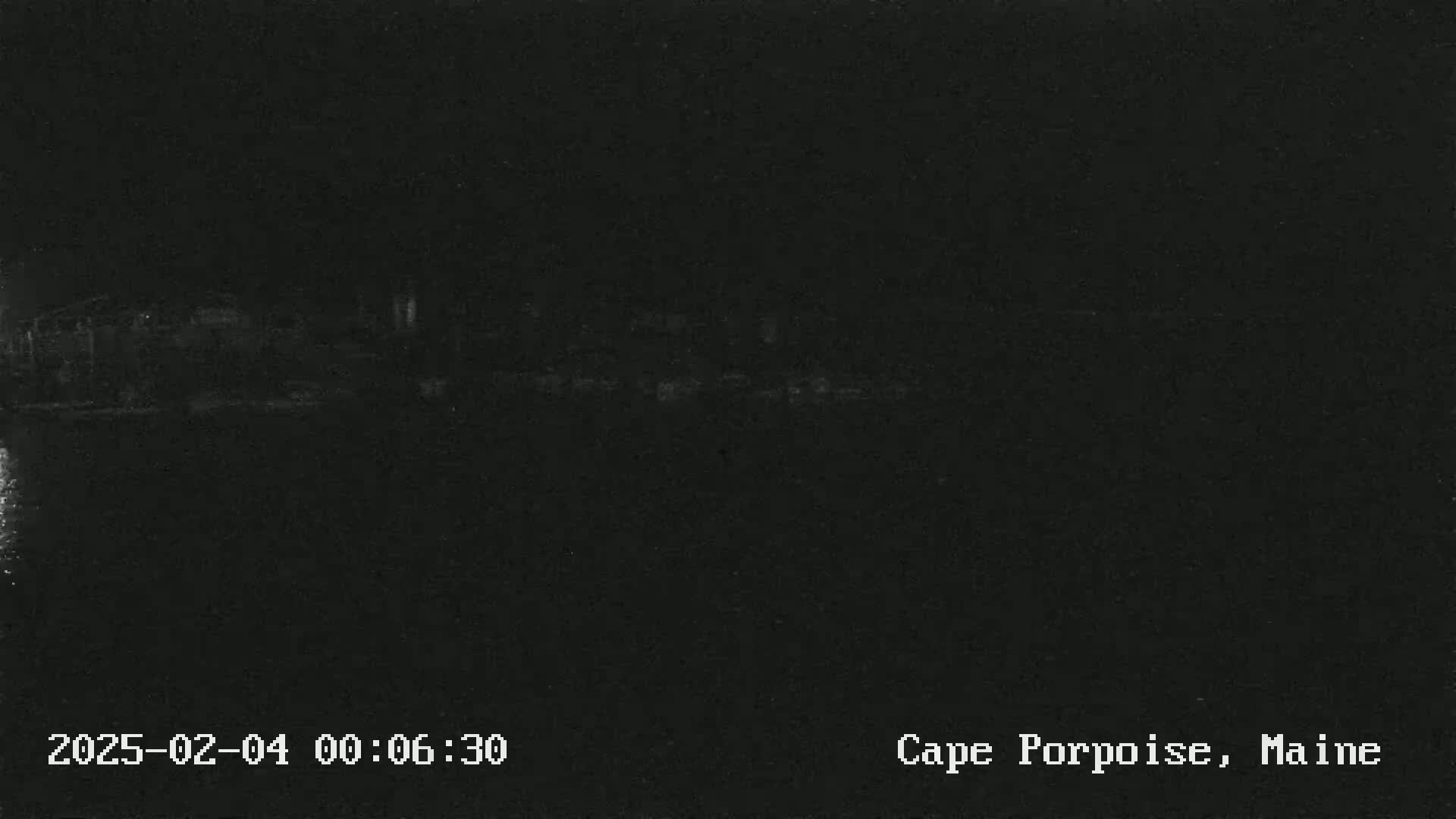 A low-light, nighttime image shows a dark, indistinct shoreline.