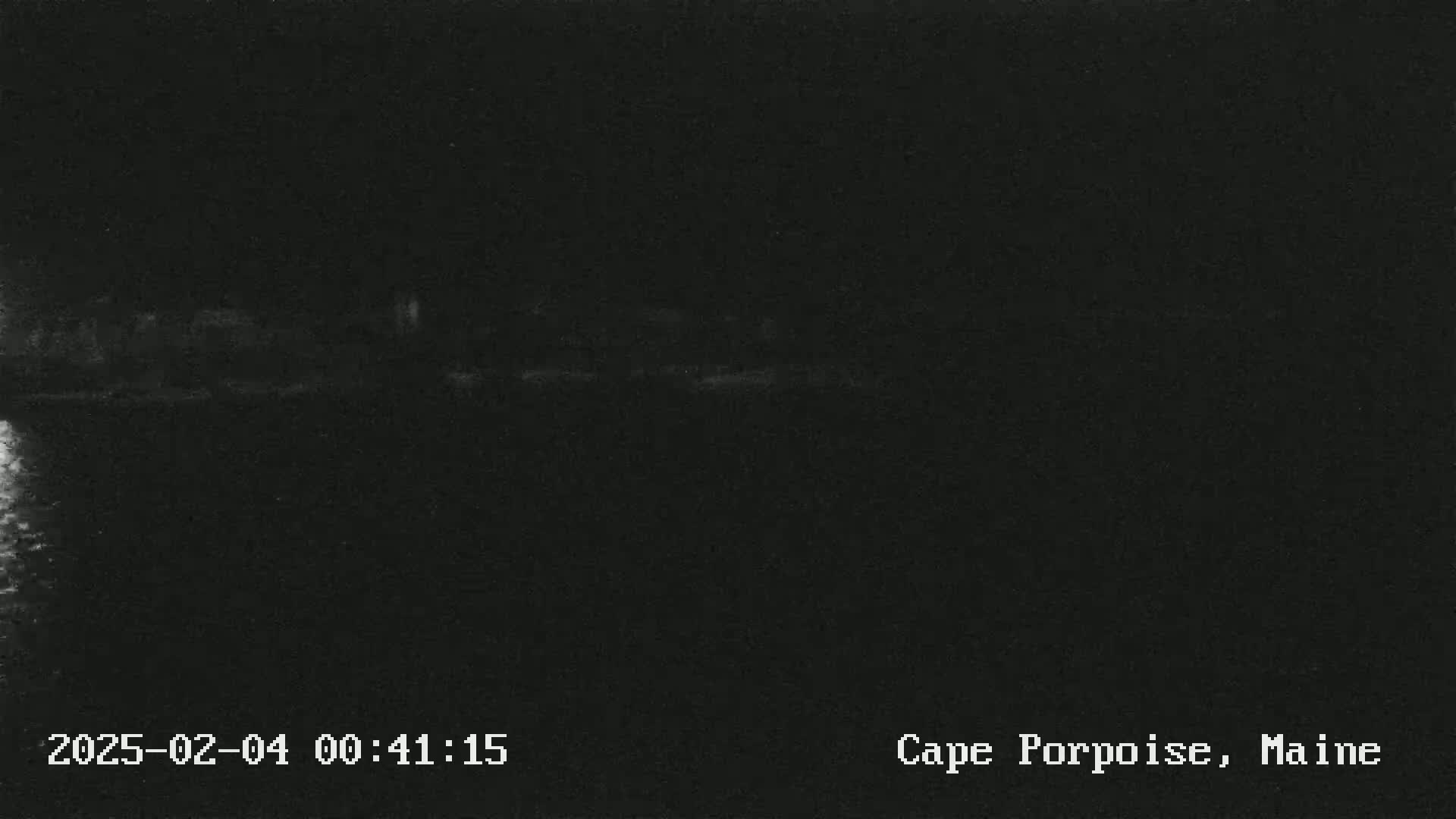 A low-light nighttime image shows a dark body of water with a barely visible shoreline in the distance.