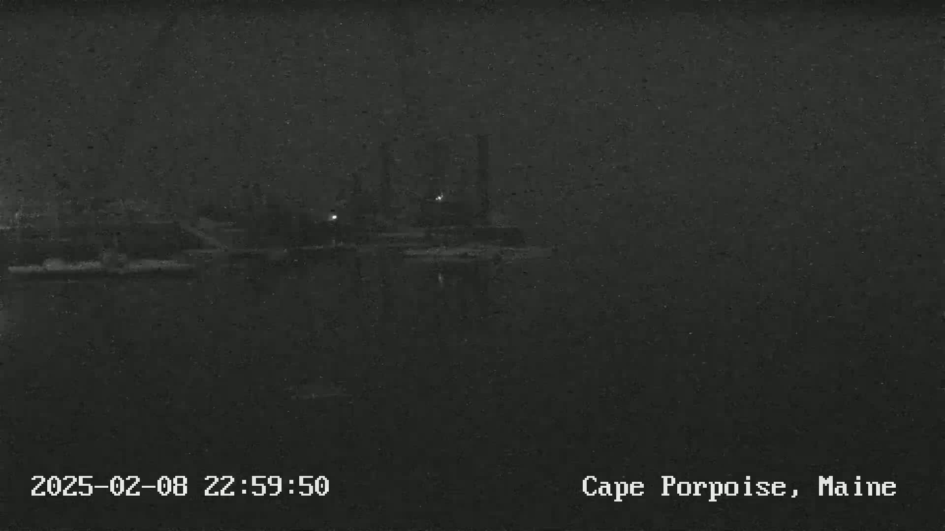A dark, nighttime scene shows a body of water reflecting faint lights from a distant industrial area under snowy conditions.