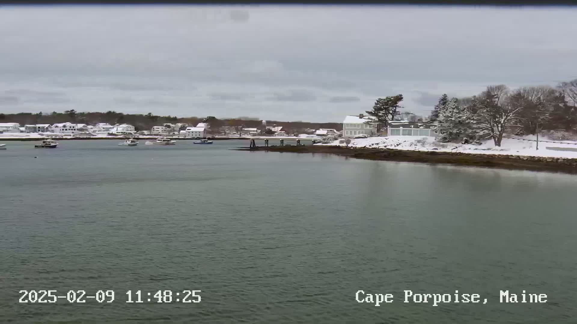 A snow-covered waterfront town with several boats in the harbor under an overcast sky.