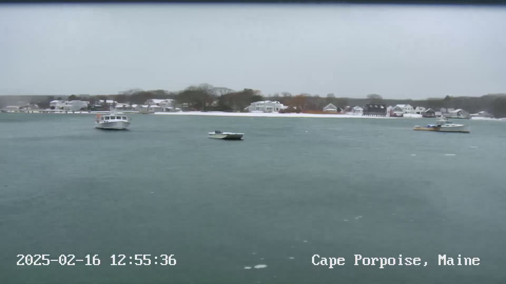 A snow-covered shoreline with several small boats on calm, gray water.