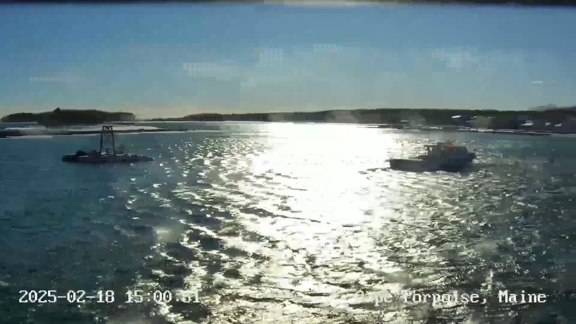 Two boats are on a body of water under a sunny sky, with land visible in the background.