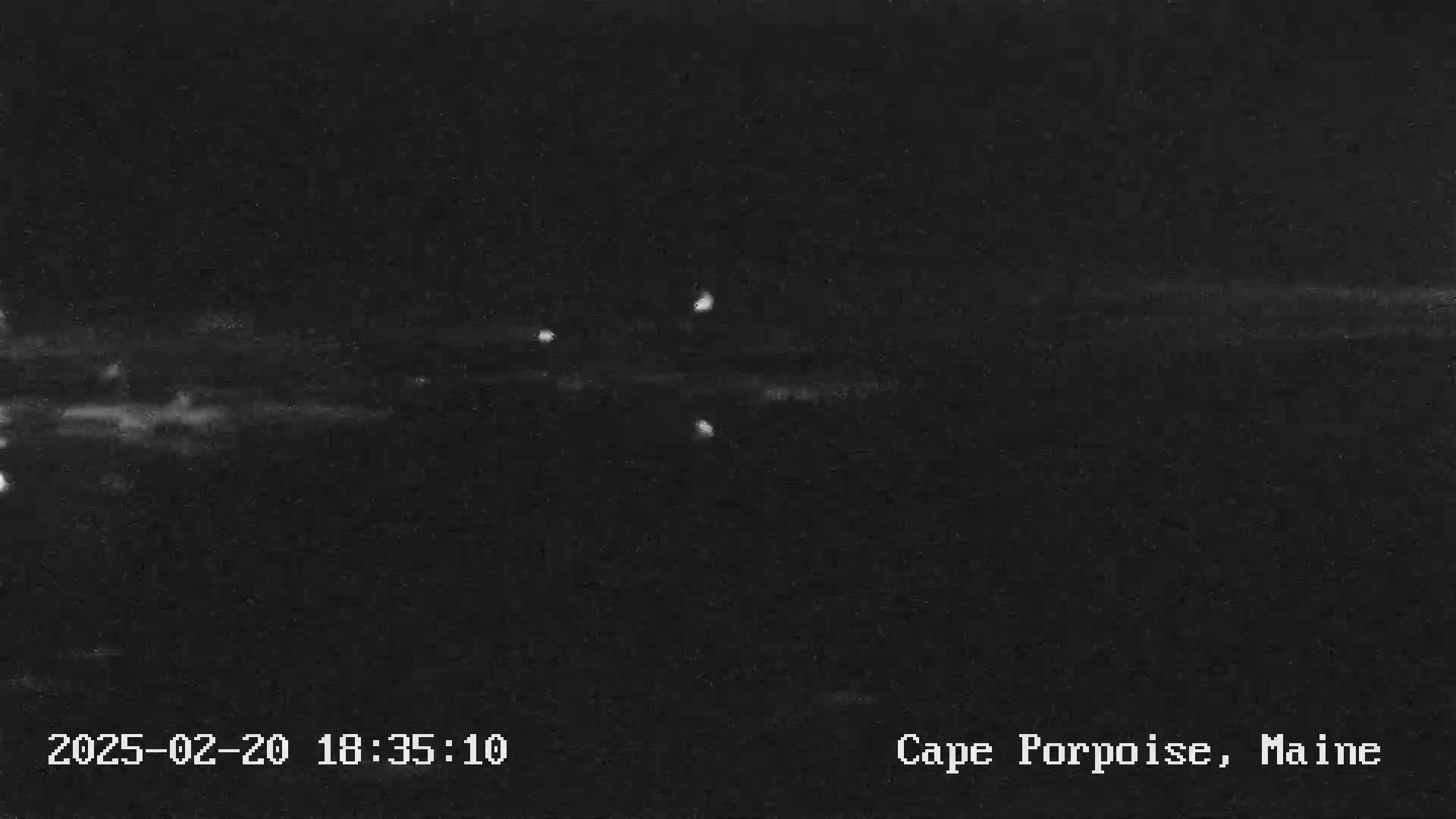 A nighttime, low-light image shows a dark body of water with a few faint lights visible in the distance.