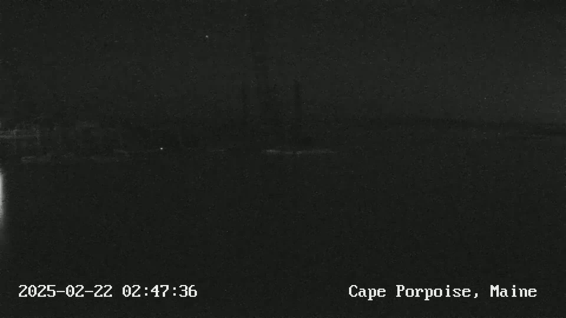 A nighttime, low-light image shows a dark body of water under a dark sky.