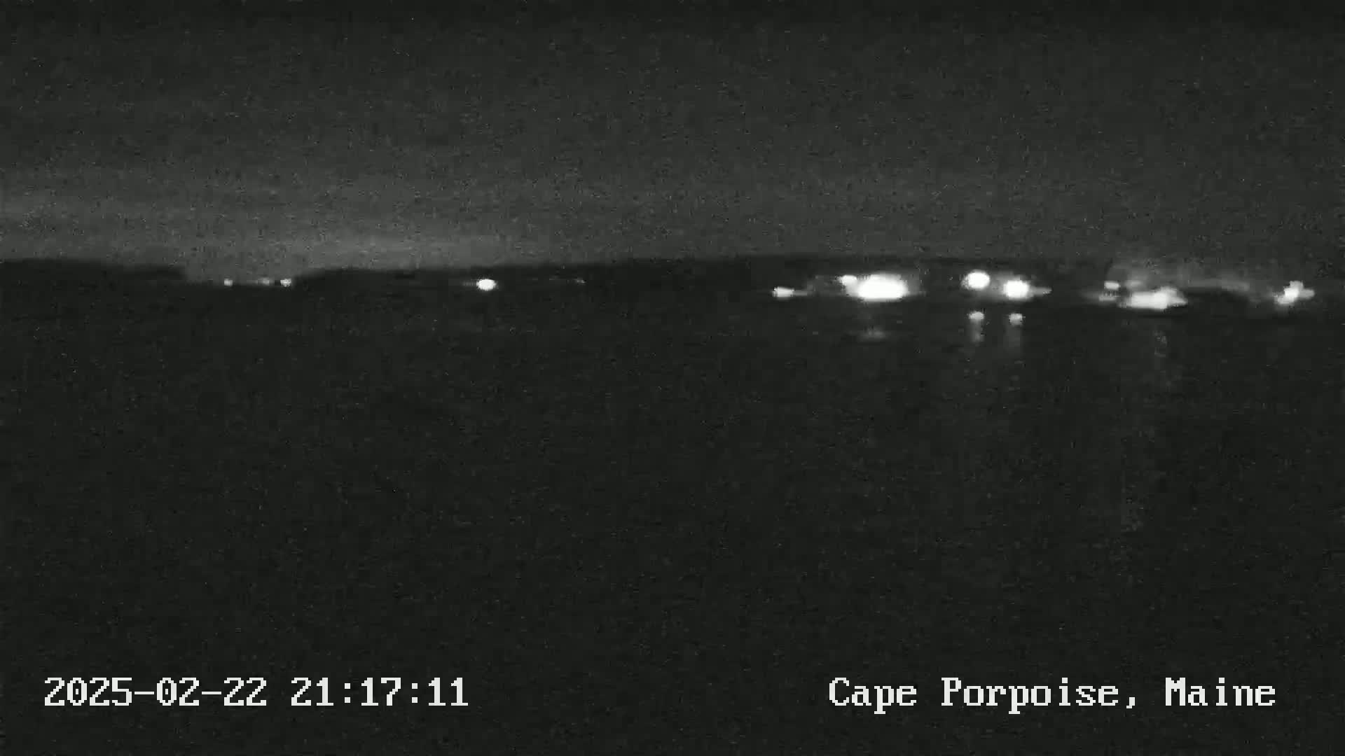 A nighttime, low-light image shows a dark body of water with faint lights visible on the horizon.