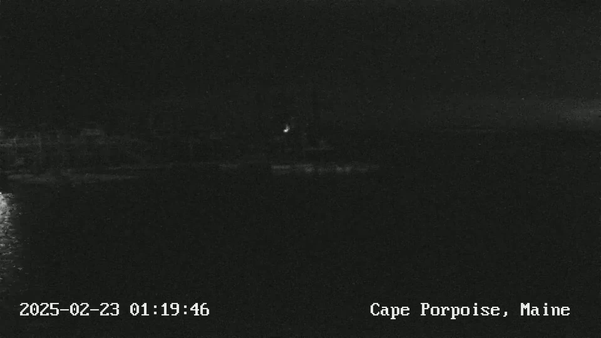 A dark, nighttime image shows a body of water with a faint shoreline in the distance under a clear sky.