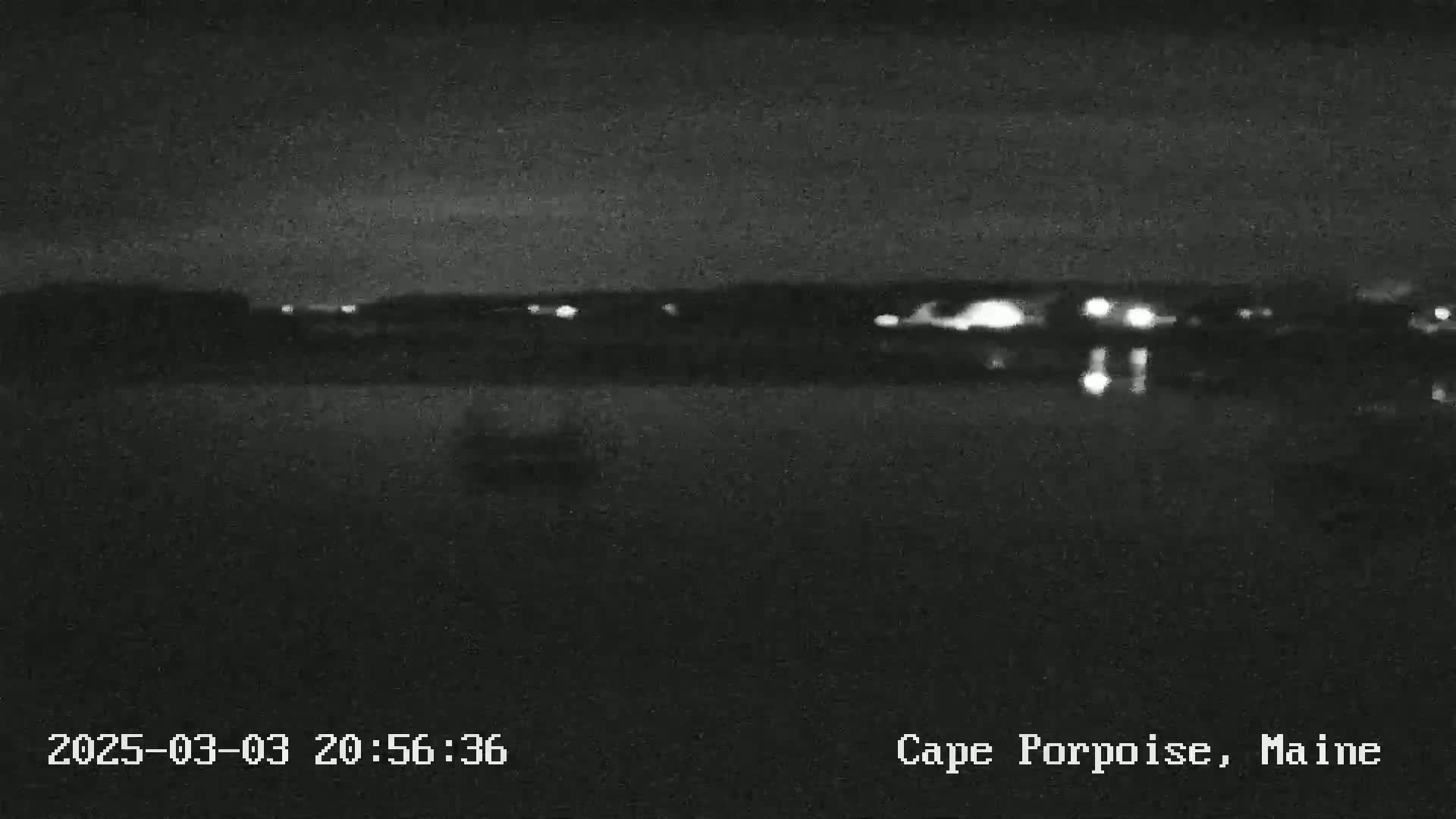 A nighttime, low-light view of a dark body of water with a distant shoreline showing faint lights.